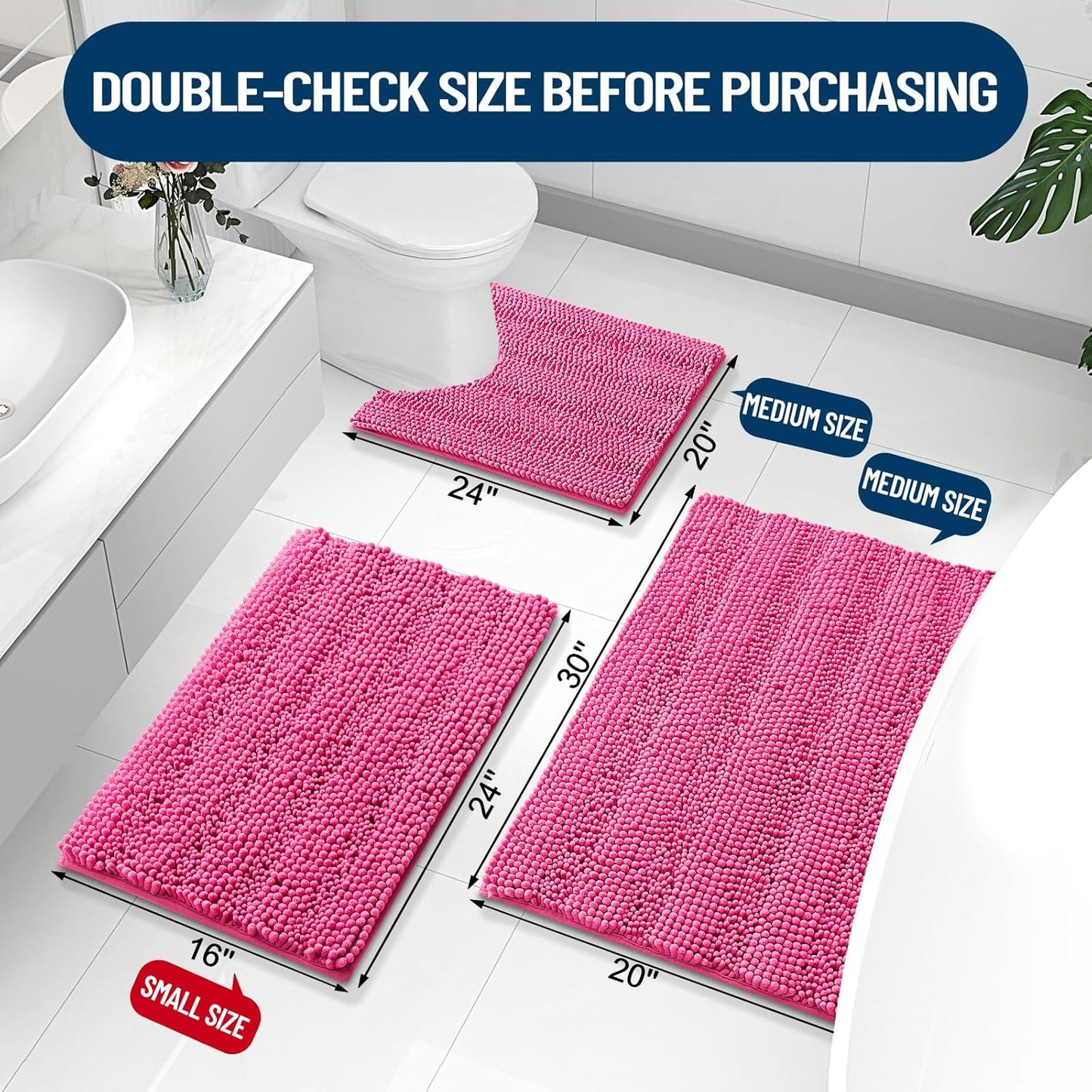 Grandaily Chenille Striped Bathroom Rugs 30x20, Extra Thick and Absorbent Bath Mats, Non-Slip Soft Plush Shaggy Shower Carpet, Machine Wash Dry, Bath Rug for Bathroom, (Medium, Hot Pink)