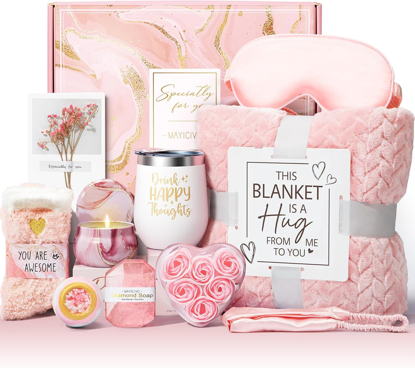Birthday Gifts for Women Self Care Gifts Get Well Soon Gifts, Rose Relaxing Spa Gifts Basket Care Package w/ Luxury Flannel Blanket, Unique Christmas Gifts for Mom Her Friend Sister Wife Grandma