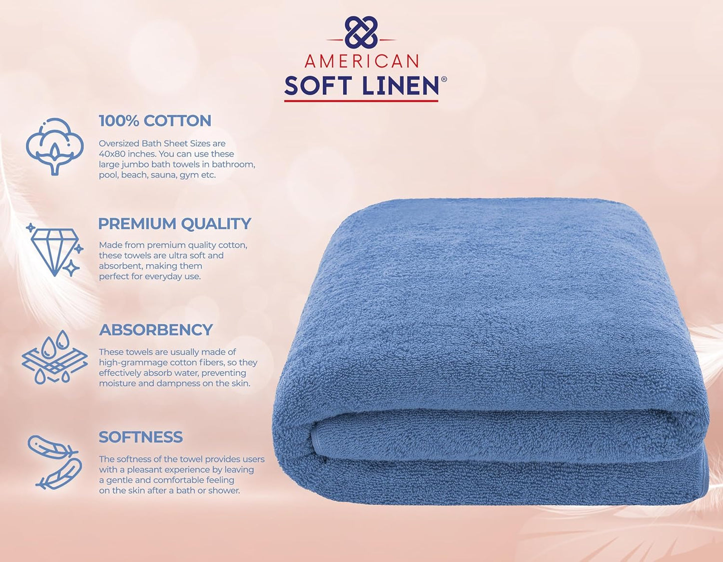 American Soft Linen Oversized Bath Sheet 40x80 Extra Large for Bathroom, 600 GSM 100% Cotton Turkish Jumbo Bathsheet Towels for Adults, Electric Blue Bath Sheet