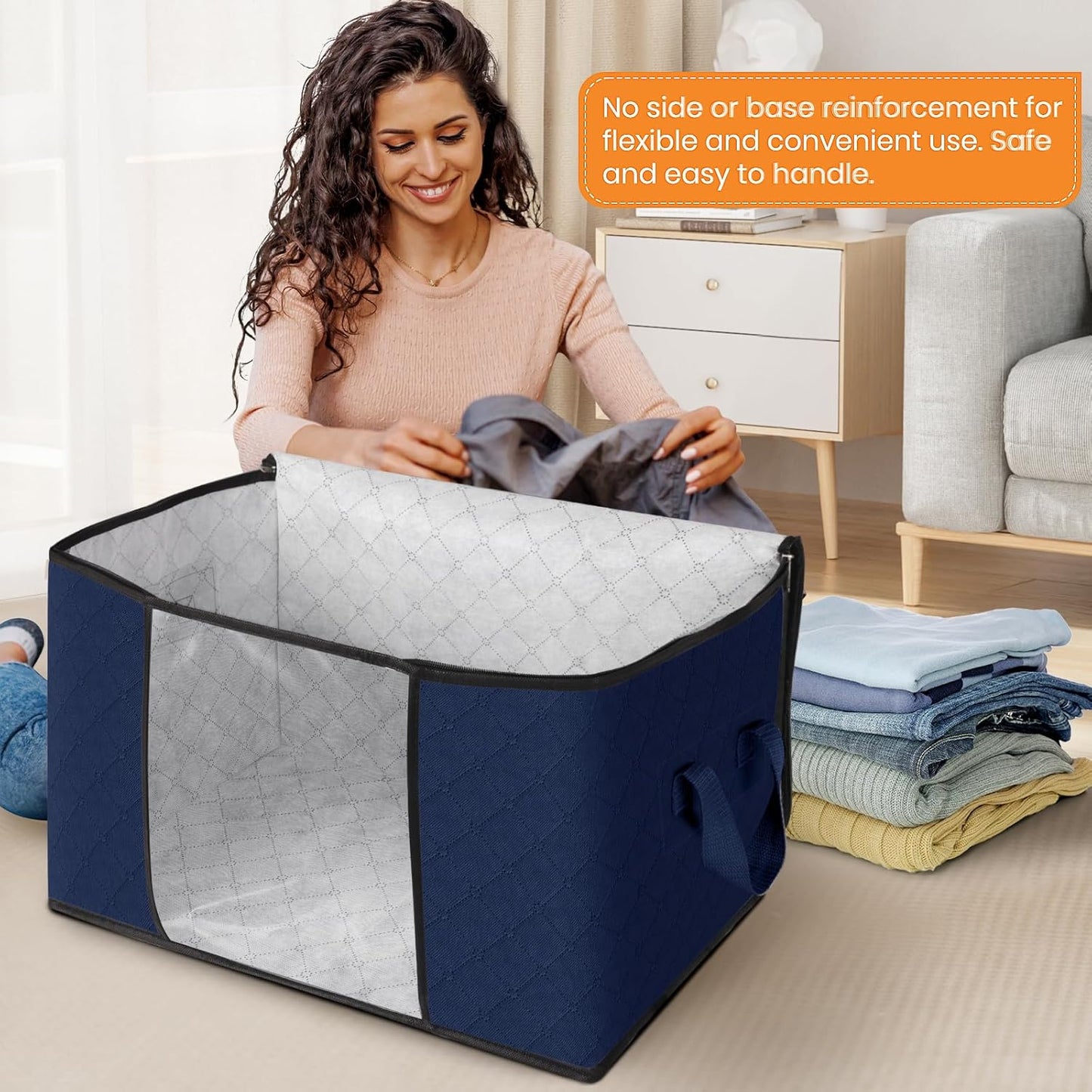 Fab totes 24 Gallons Clothes Storage, Foldable Thick Fabric Blanket Storage Bags, Containers for Organizing Bedroom, Closet, Clothing, Comforter, Organization with Handle (6 Pack,Blue)