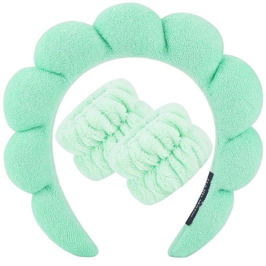 Zkptops Spa Headband for Washing Face Wristband Set Sponge Makeup Skincare Headband Wrist Towels Bubble Soft Hairband for Women Puffy Headwear Winter Non Slip Thick Thin Hair Accessory(Light Green-3)