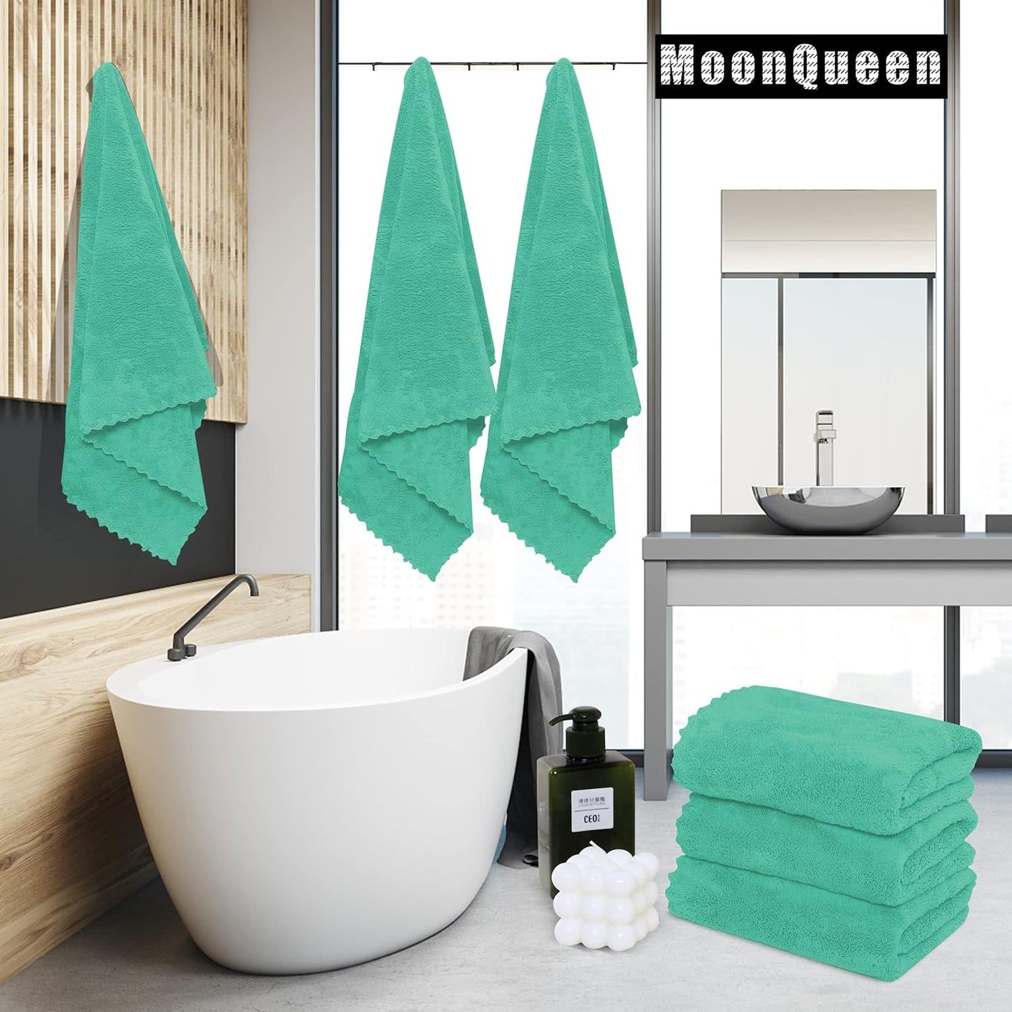 MOONQUEEN 2 Pack Premium Bath Towel Set - Quick Drying - Microfiber Coral Velvet Highly Absorbent Towels - Multipurpose Use as Bath Fitness, Bathroom, Shower, Sports, Yoga Towel (Aqua Green)