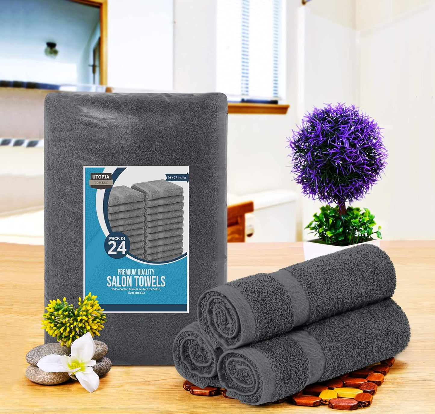 Utopia Towels, Salon Towel, Pack of 24, Not Bleach Proof, 16 by 27 Inches, Highly Absorbent Cotton Towels for Hand, Gym, Beauty, Spa, and Home Hair Care, Grey