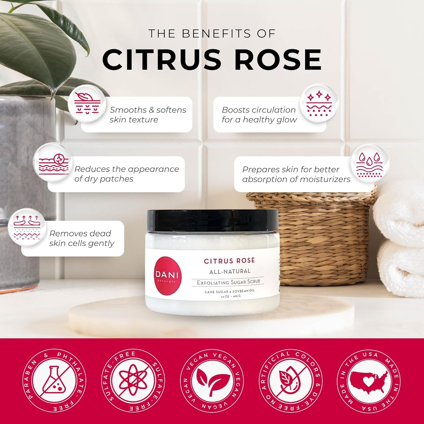 DANI Naturals Exfoliating Sugar Scrub - Citrus Rose - Organic Cane Sugar & Shea Butter - Deep Hydration & Gentle Exfoliation for Smooth, Radiant Skin - 14 oz