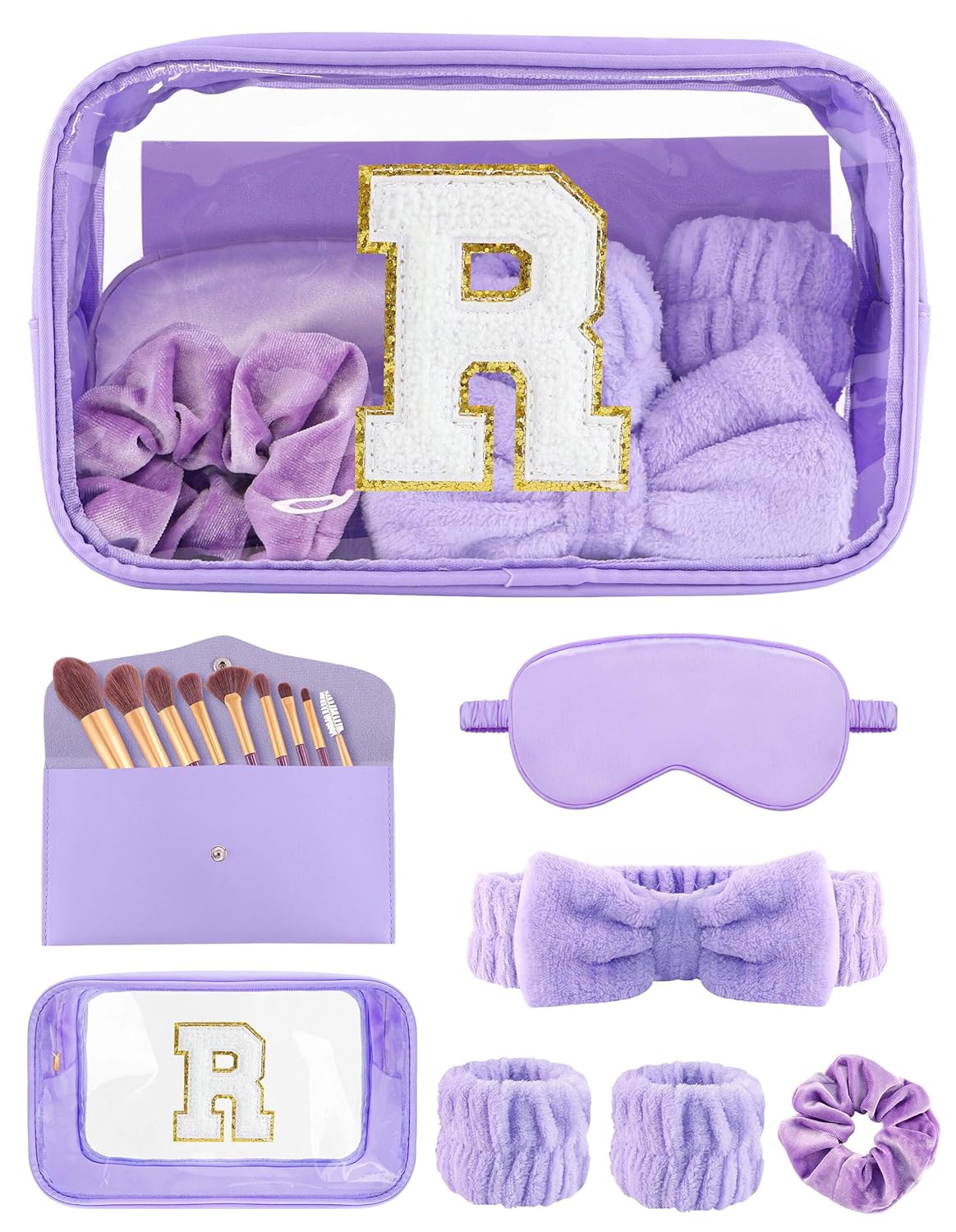 Gift Sets for Women, Initial Makeup Bag with Makeup Brush Set Bachelorette Party Favors, Purple Spa Kit with Skincare Headbands Wrist Bands Sleepover Party Supplies Gifts for Teen Girls Bridesmaid R