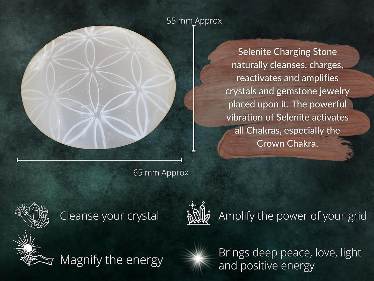 Amazing Gemstone Selenite Palm Stone - Flower of Life Engraved Hot Massage Worry Stone for Natural Body Chakra Balancing, Reiki Healing and Crystal Grid