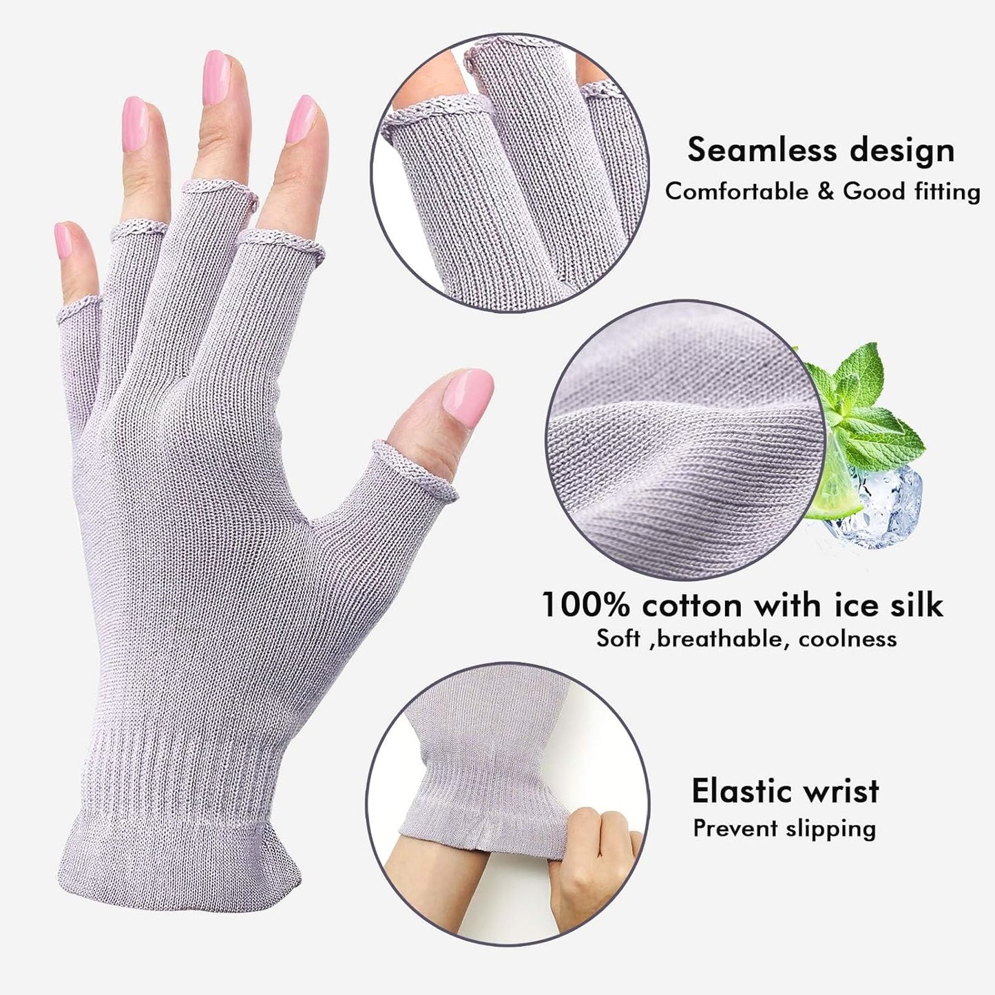 MIG4U 3 Pairs Fingerless Moisturizing Gloves, Half Finger Touchscreen Beauty Glove for Eczema, SPA, Dry Hands, Skin Treatment, Summer Sun UV Protection, Pale Purple S/M