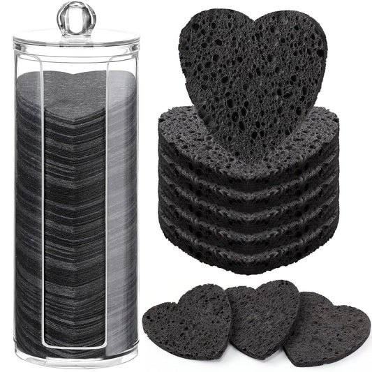 Sieral 120 Pcs Compressed Facial Sponges with Container Disposable Face Sponge Pads for Washing Face Cleansing Exfoliating Esthetician Makeup Removal(Heart,Black)