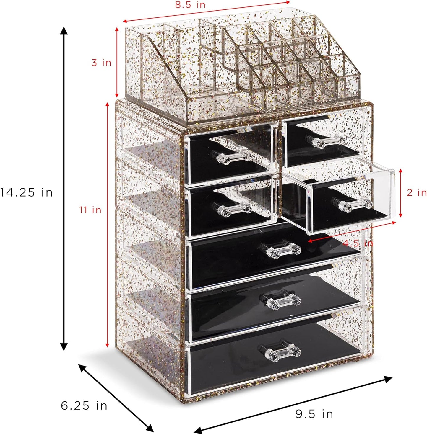 Sorbus Clear Cosmetic Makeup Organizer - Make Up & Jewelry Storage, Case & Display - Spacious Design - Great Holder for Dresser, Bathroom, Vanity & Countertop (3 Large, 4 Small Drawers) [Glitter]