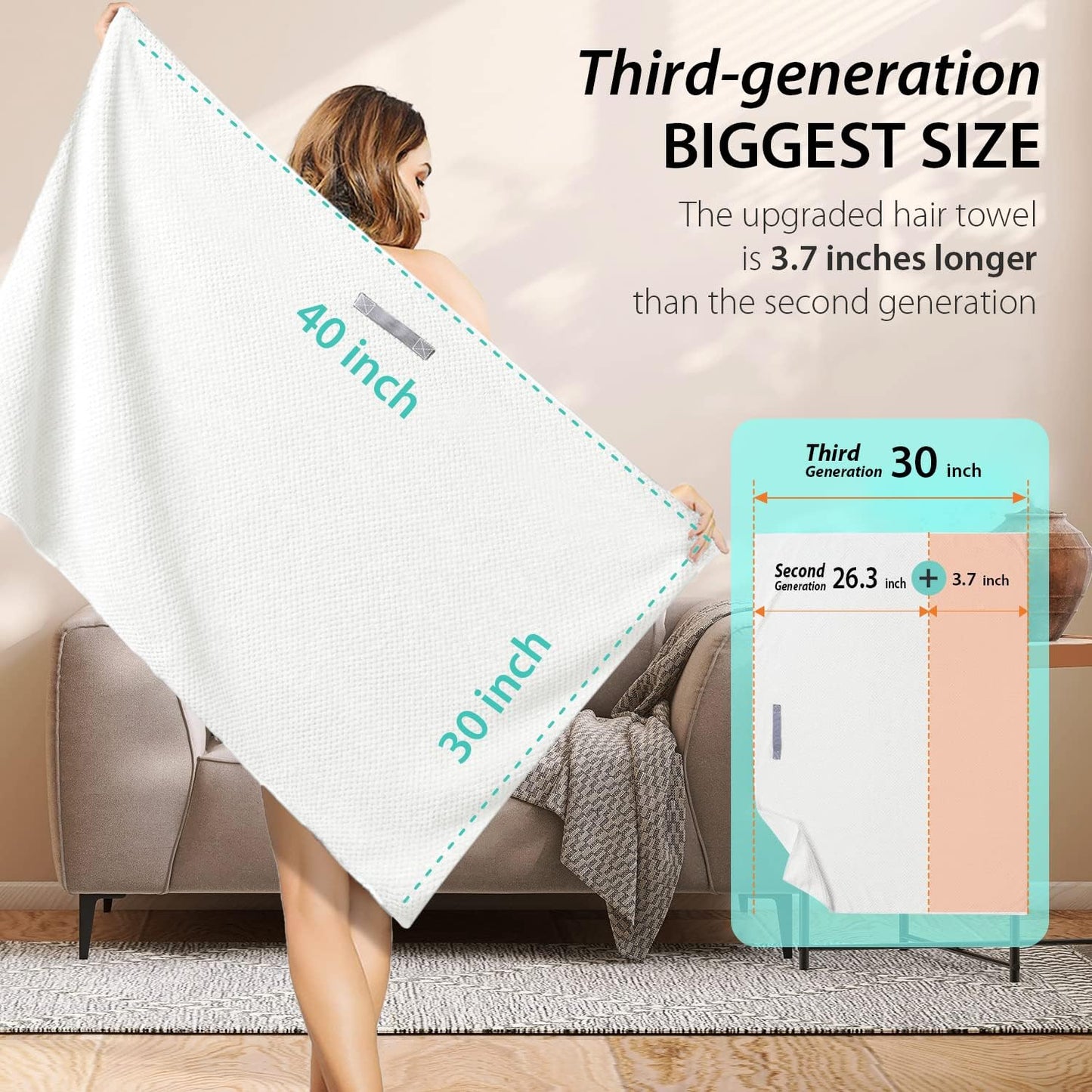 YFONG X-Large Hair Towel Wrap for Women, Super Absorbent Microfiber Hair Towel for Curly Hair, Fast Drying Hair Turbans with Elastic,Hair Drying Towel Wrap for Hair Care 30" X 40" (White)