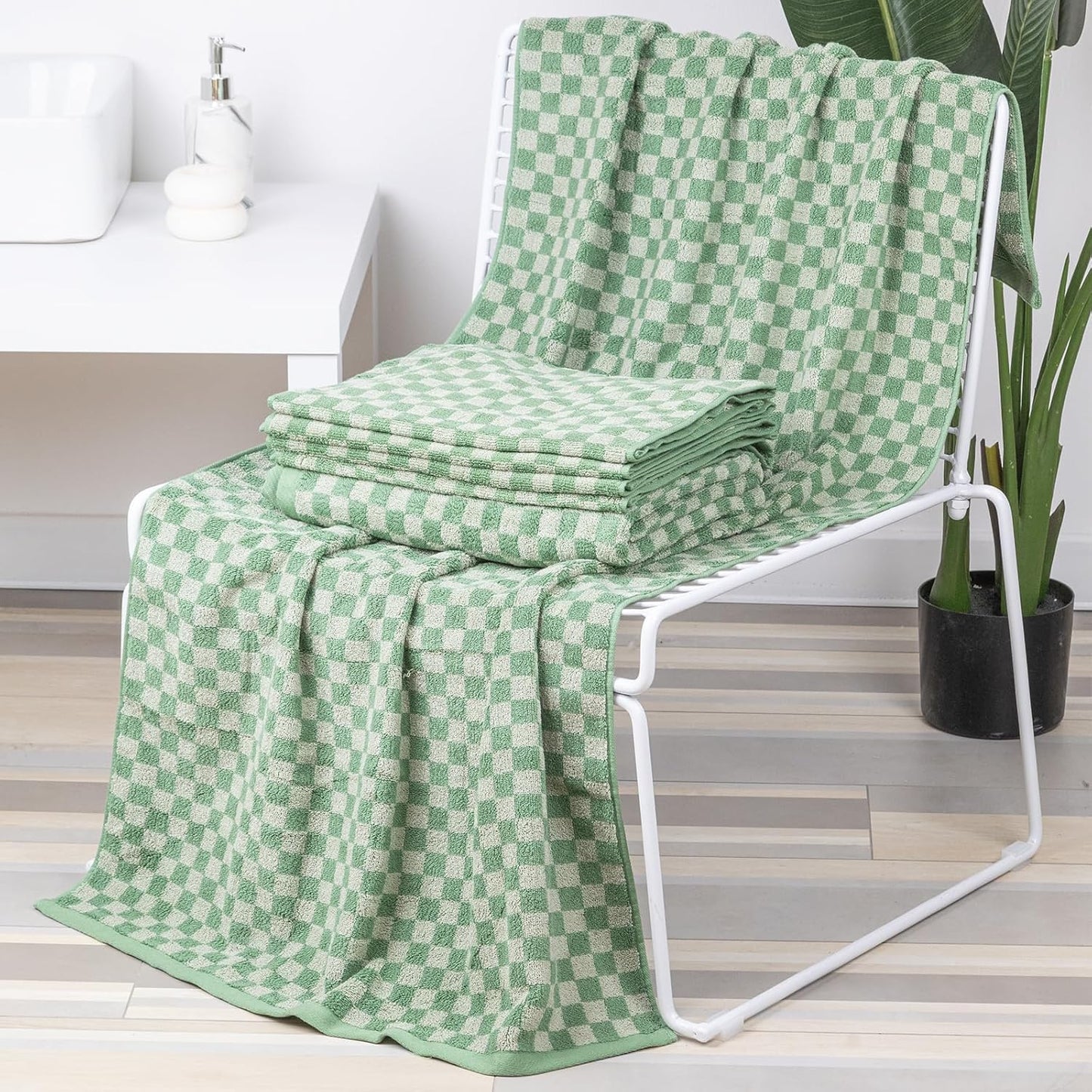 Checkered Bath Towels Set of 6 Large, 520GSM, 100% Cotton Shower Towels * 2 (55.12"*27.56"), Hand Towels * 4 (29.52"*13.77"),Towels for Bathroom、Pool、Hotel, Spa, Soft Absorbent（Dark Green
