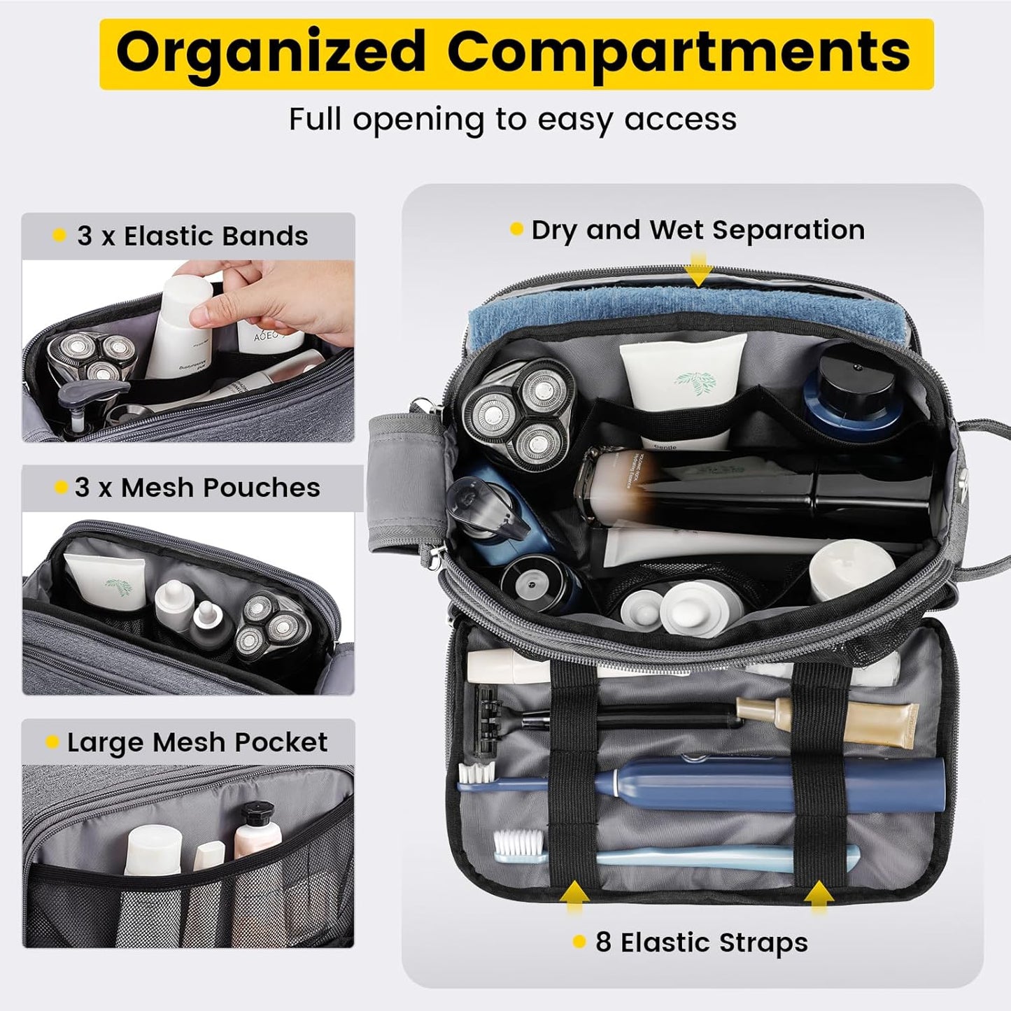 Vorspack Travel Toiletry Bag - Water Resistant Travel Bag for Toiletries, Cosmetics, Accessories, Gifts for Men - Grey