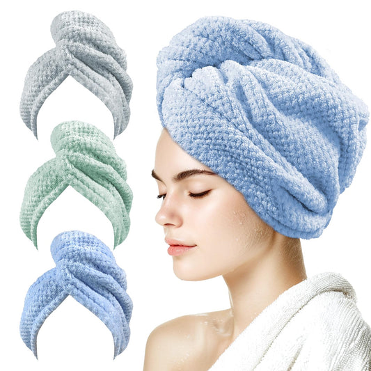3 Pack Microfiber Hair Towel Wrap for Women 25.4"x9.8", Super Absorbent Hair Towel Wrap, Quick Dry Hair Towels with Button for Curly Hair Anti Frizz (Blue,Green,Gray)