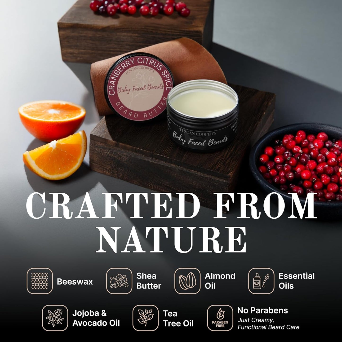 Tuscan Cooper's Baby Faced Beards Butter for Men - Moisturizing Beard Balm Cream and Softener for All Hair Types Including Coarse Hair - 4oz Hydration and Conditioning Care - Cranberry Citrus Spice
