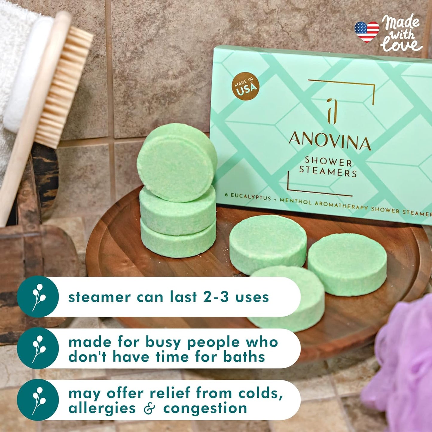 Anovina Eucalyptus & Menthol Shower Steamers – Aromatherapy Shower Tablets with Soothing Vapors – Made in USA – Shower Bomb Gift Set for Men & Women