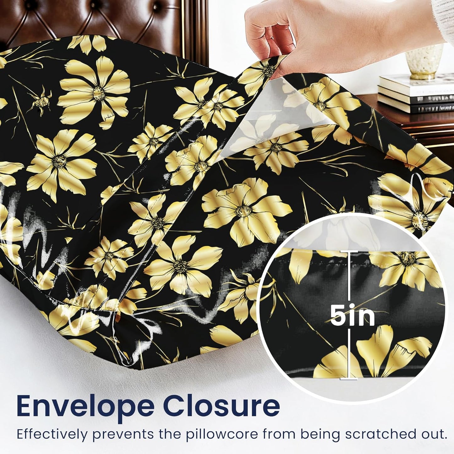 EXQ Home Satin Pillowcase for Hair and Skin Queen - Printed Golden Flowers Silk Pillow Cases 2 Pack 20x30 inches - Satin Pillow Cases Set of 2 with Envelope Closure, Gifts for Women Men