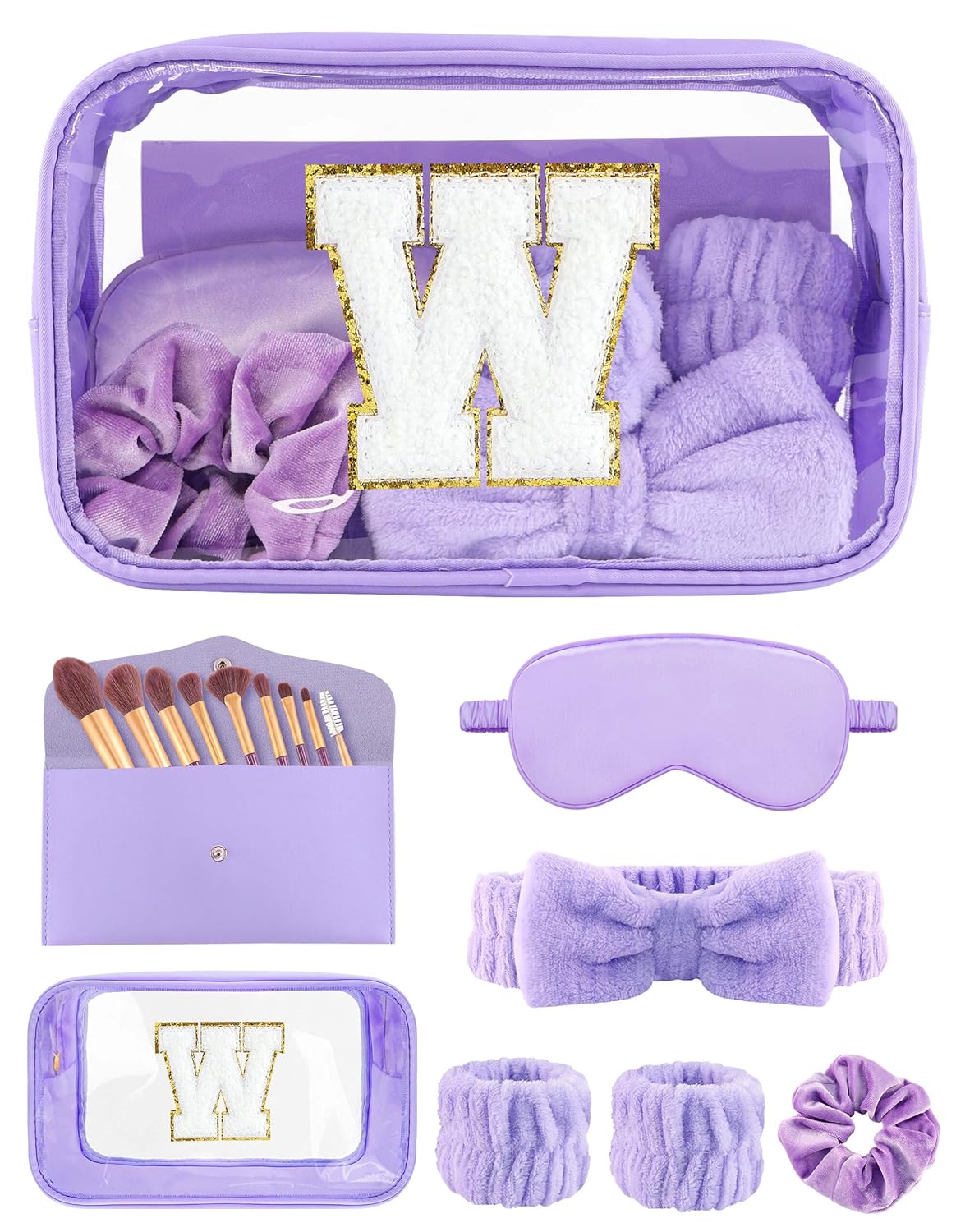 Gift Sets for Women, Initial Makeup Bag with Makeup Brush Set Bachelorette Party Favors, Purple Spa Kit with Skincare Headbands Wrist Bands Sleepover Party Supplies Gifts for Teen Girls Bridesmaid W