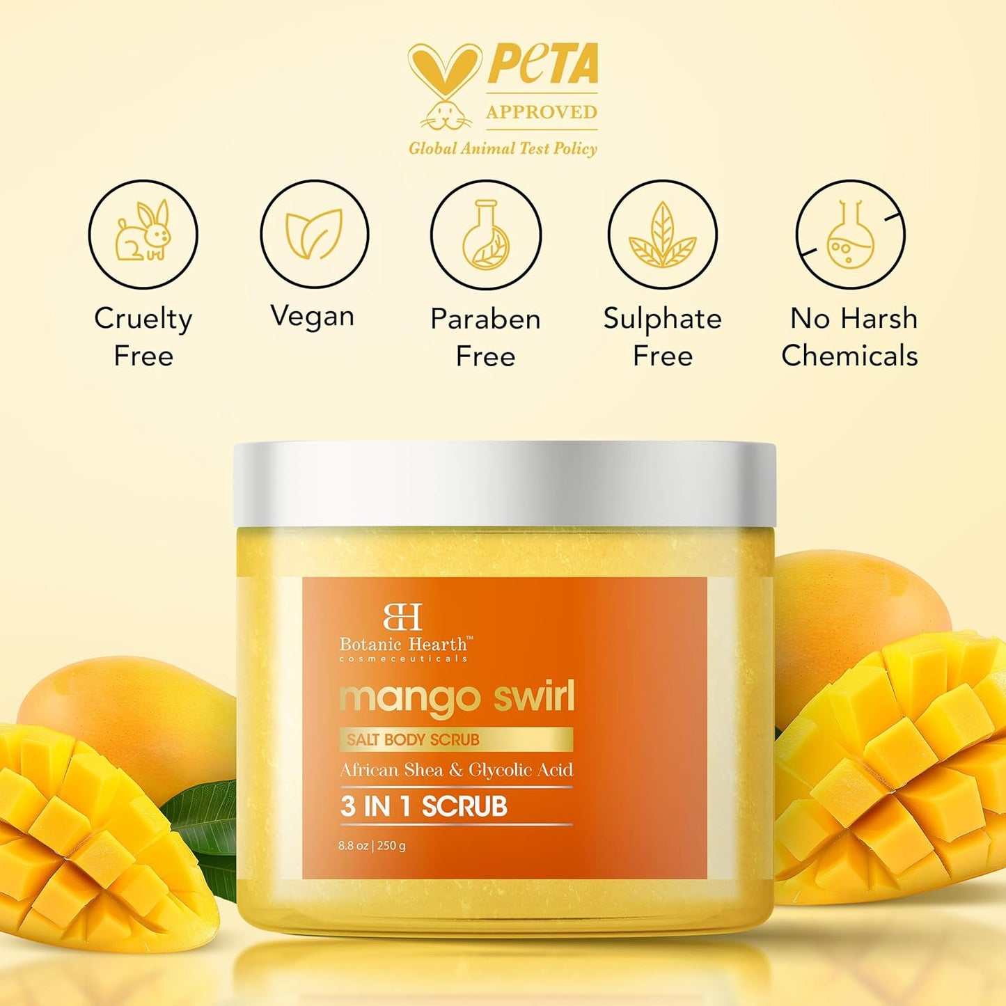 Botanic Hearth Mango Swirl Body Scrub | 8.8 Fl Oz | Exfoliating & Moisturizing Scrub For Smooth, Radiant Skin | Infused With African Shea & Glycolic Acid | 3 In 1 Scrub
