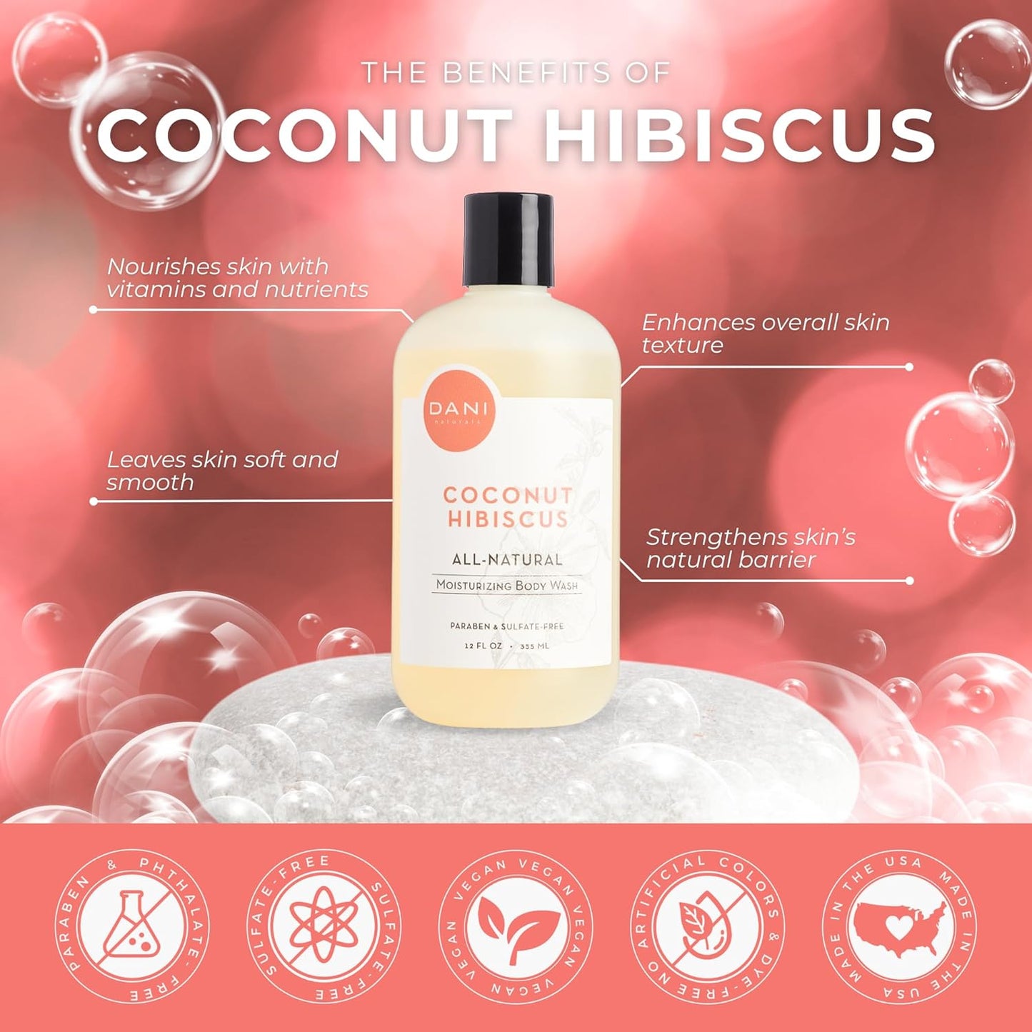 DANI Naturals Moisturizing Body Wash - Tropical Coconut Hibiscus Scent with Organic Aloe Vera & Natural Glycerin - Paraben & Sulfate-Free Shower Gel - 12 oz - Vegan & Cruelty-Free