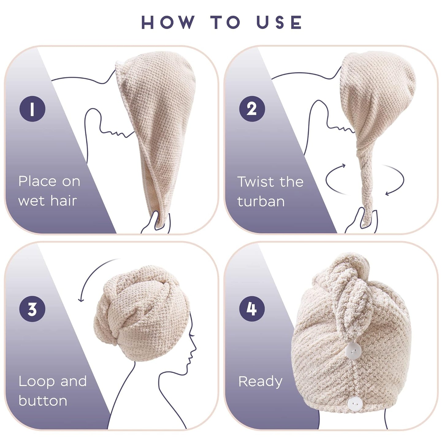 2 Pack Microfiber Hair Towel Wrap for Women, Anti Frizz Quick Drying Hair Turban for All Hair Style, Absorbent and Lightweight (Beige + Grey)