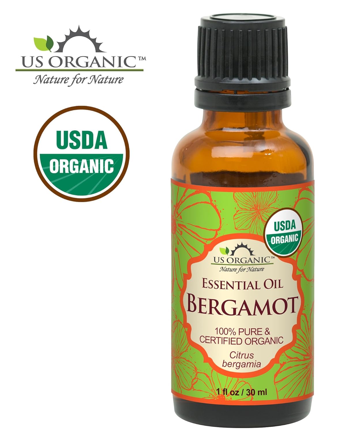 US Organic 100% Pure Bergamot Essential Oil, USDA Certified Organic, Cold Pressed, with Euro droppers (More Size Variations Available) (30 ml / 1 fl oz)