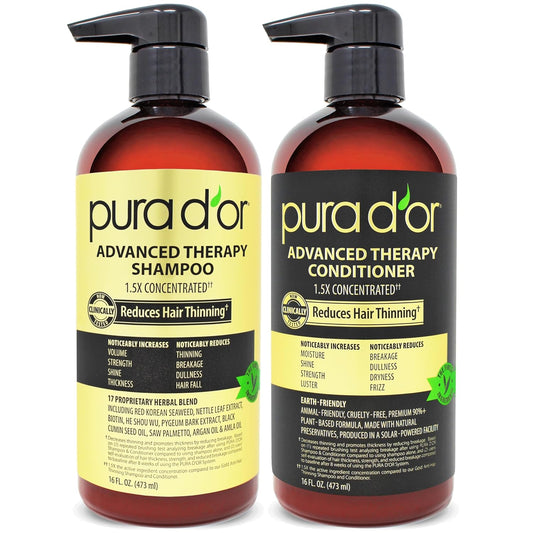 PURA D'OR Advanced Therapy Biotin Shampoo & Conditioner Hair Care Set For Hair Thinning, CLINICALLY TESTED Effective Results, Herbal Hair Thickening Products For Women & Men, 16oz x2