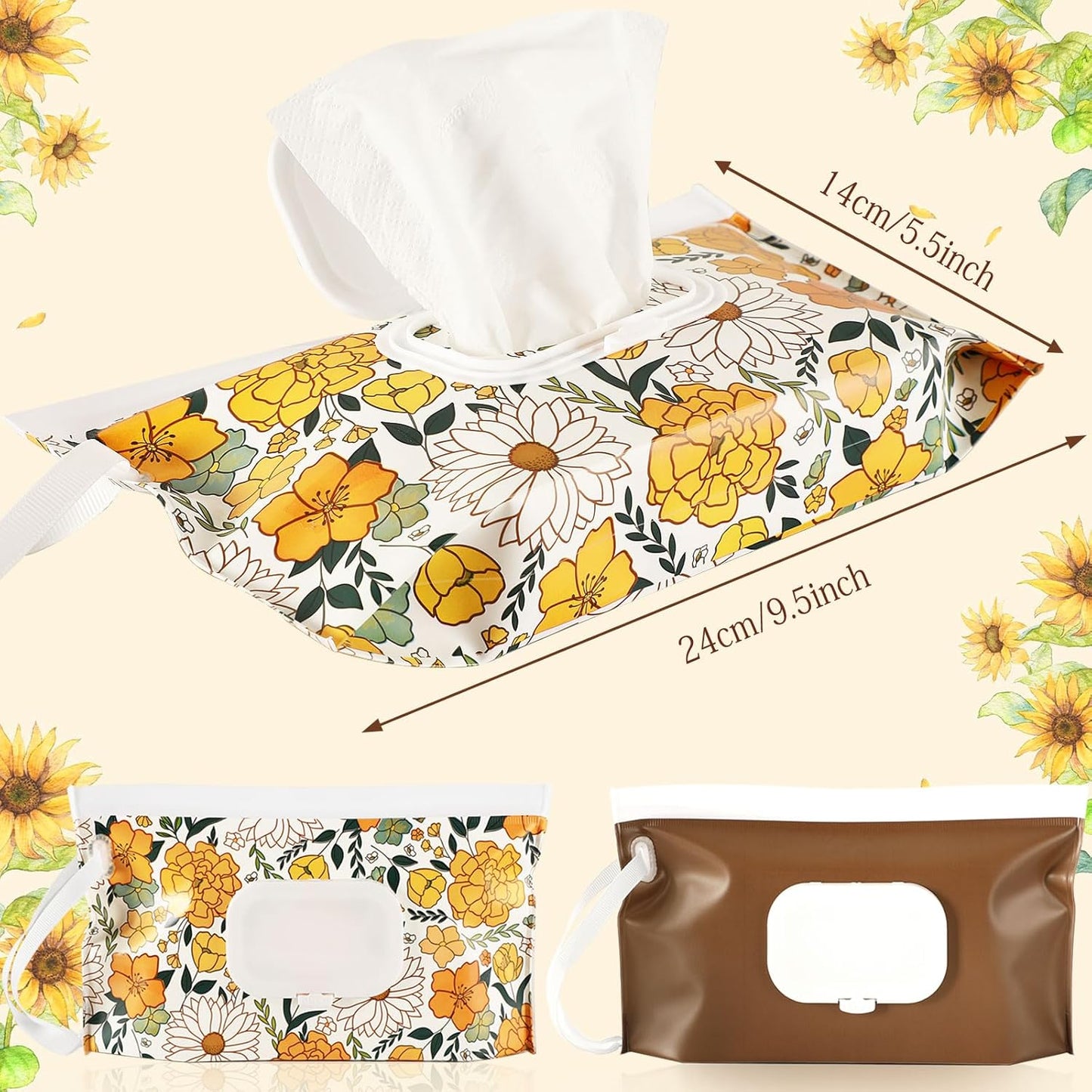 FEBSNOW 4 Pack Baby Wipes Dispenser, Portable Refillable Wipe Holder Baby Wipes Container Travel Wipes Case Reusable Wet Wipes Pouch (Floral, Cream, Brown, Pink)