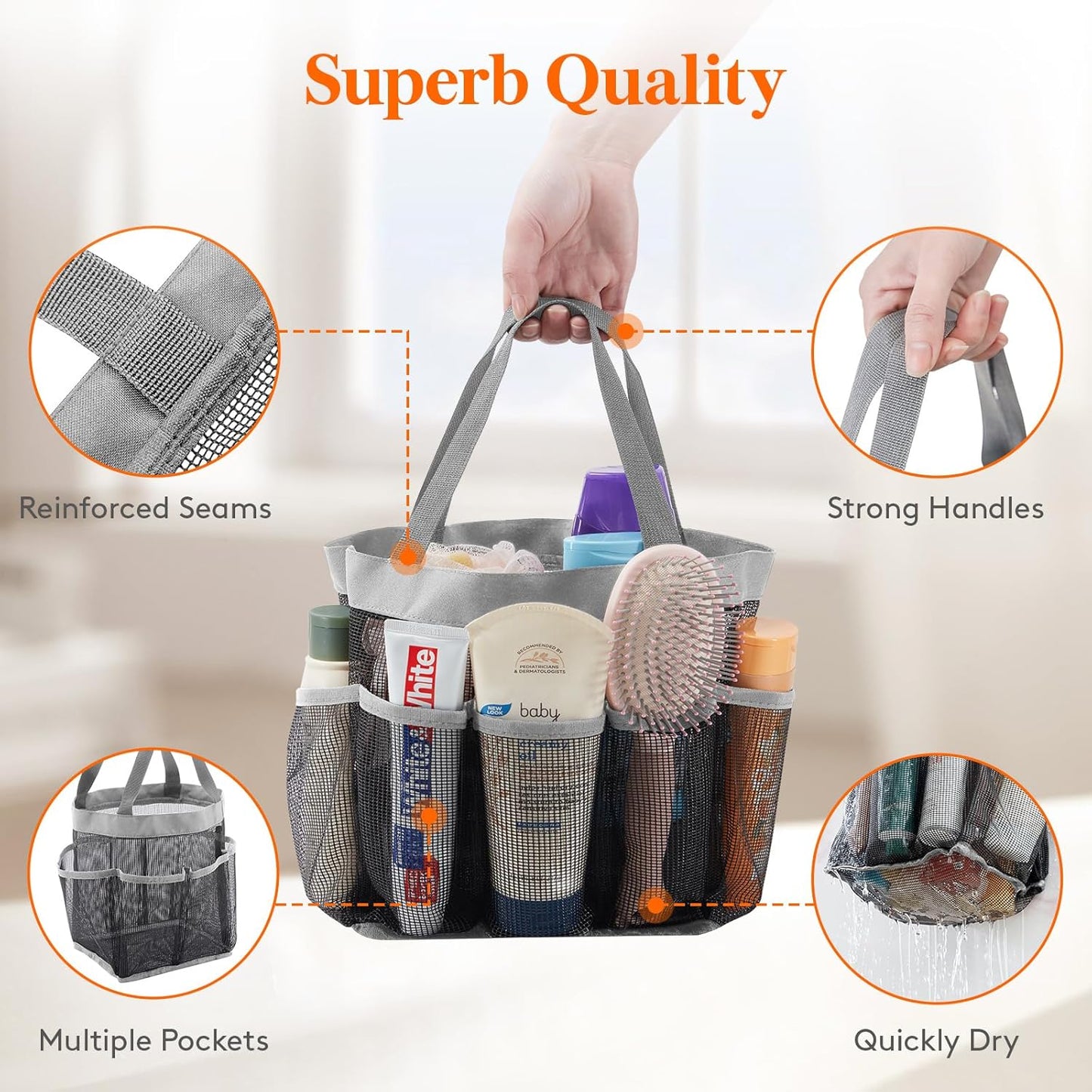 Lifewit Mesh Shower Caddy Freestanding Portable Shower Tote Bag for College Dorm, Bathroom, Gym, Travel, Quick Dry Hanging Organizer with 7 Storage Pockets for Toiletry Essentials, Grey