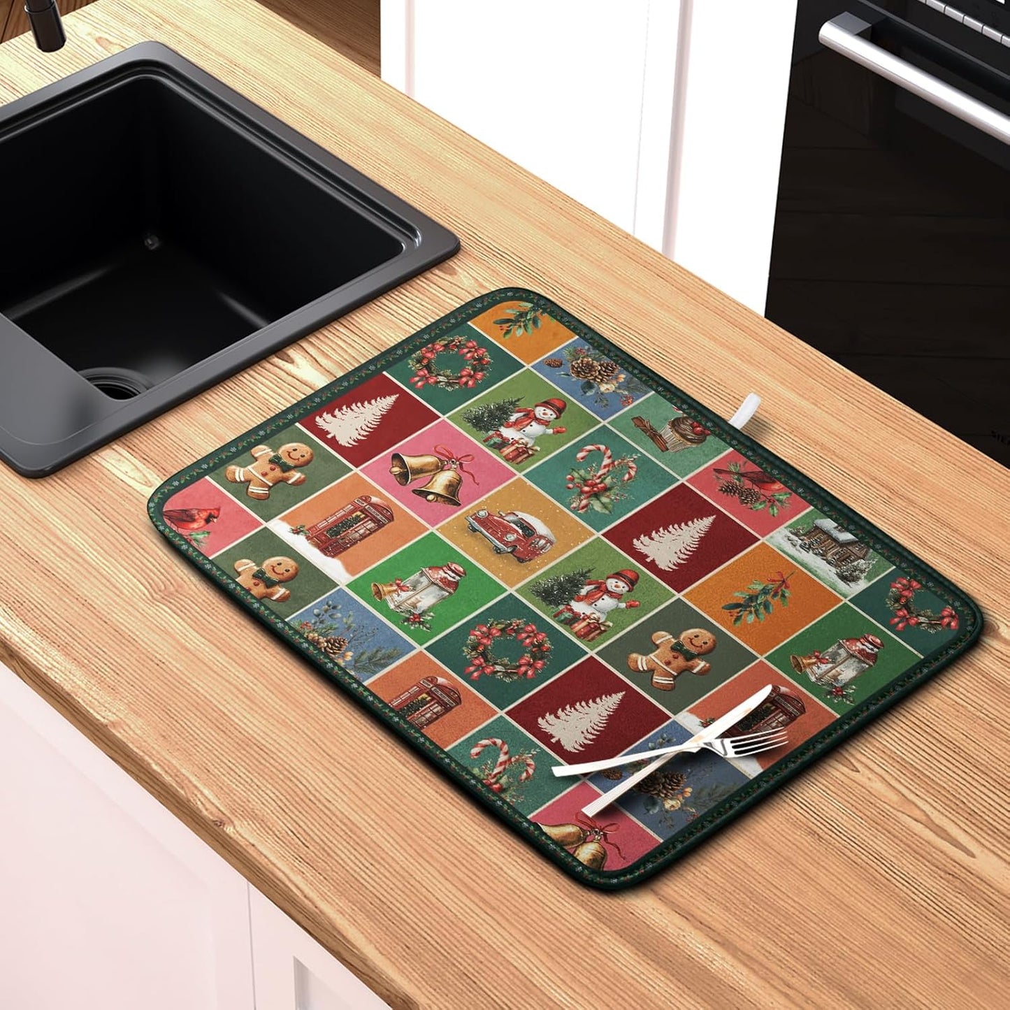 Christmas Dish Drying Mats for Kitchen Counter Cute Xmas Holiday Dish Drainer Pad Microfiber Absorbent Winter Dish Draining Mat Washable Dish Drainer Rack Mat Medium 16x18 Inch