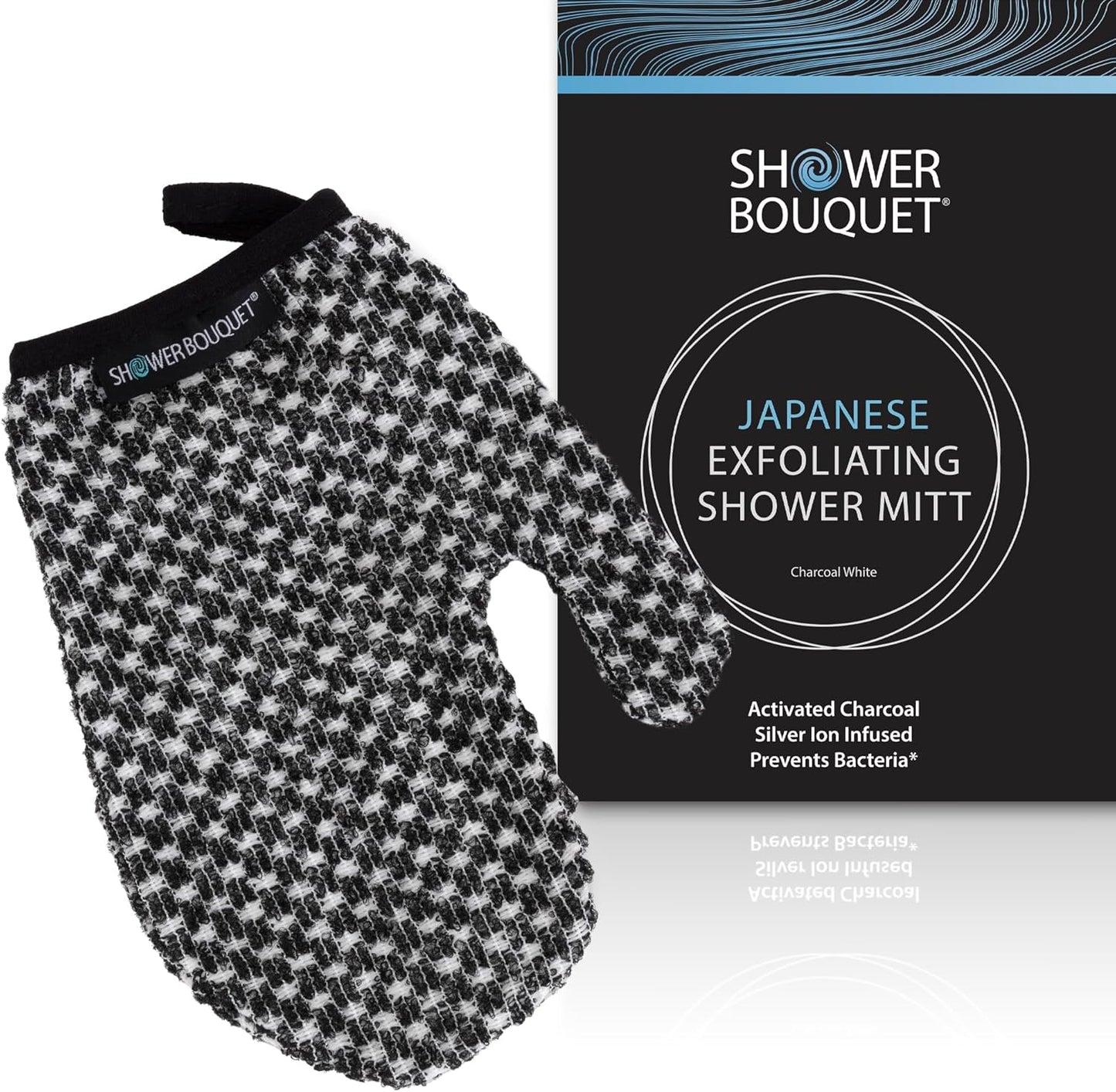 Japanese Exfoliating Mitt for Shower [1-Pack, White] - Charcoal & Silver Ion Exfoliating Glove - Gentle Exfoliation & Deep Cleansing Shower Mitt - Exfoliating Body Scrubber Glove, Soft Fabric Inside