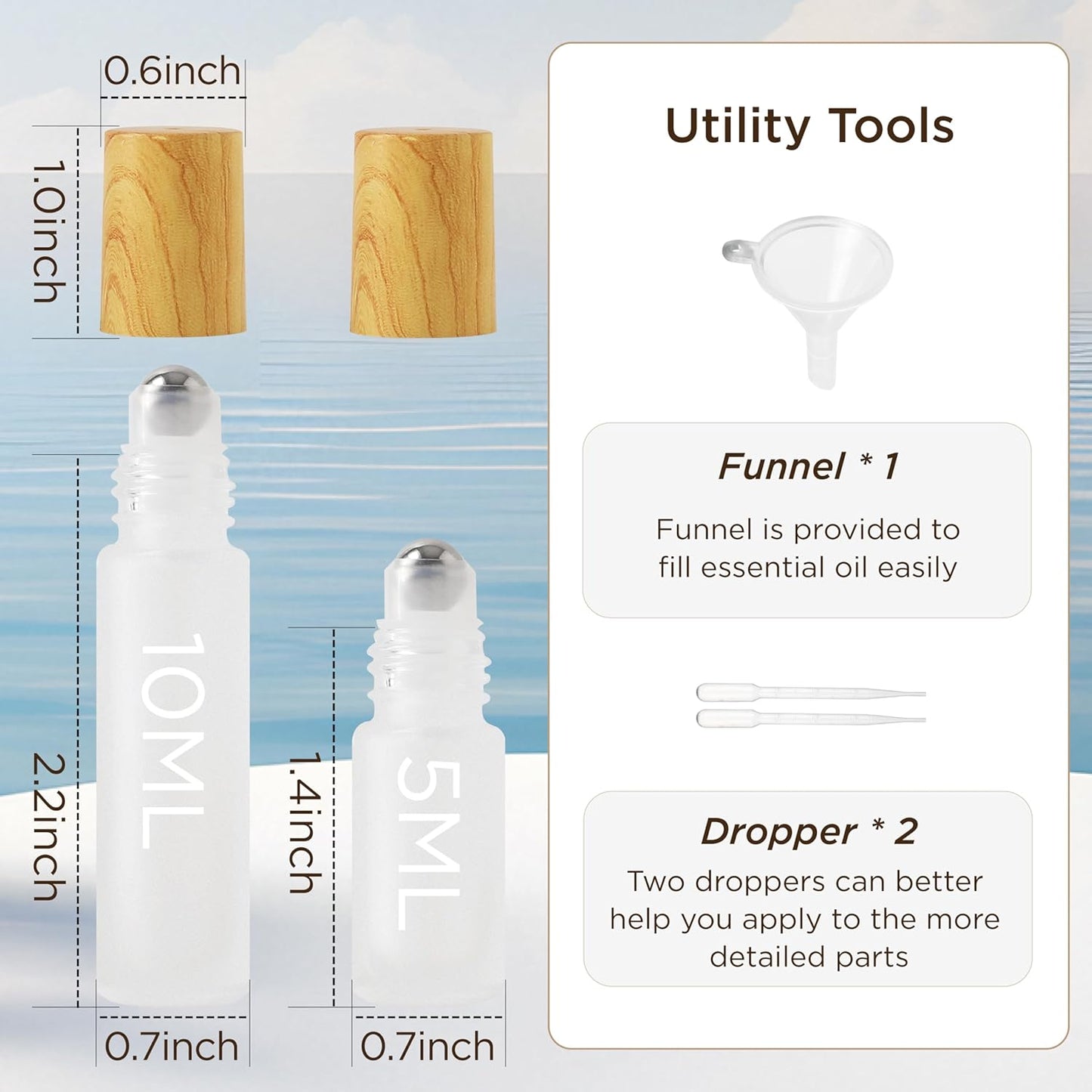 Essential Oil Roller Bottles, 4PCS (10ml & 5ml) Glass Perfume Roller Bottles with Funnel Opener and Dropper Beauty and Personal Care Tools (White-yellow cover, 4 Packs)