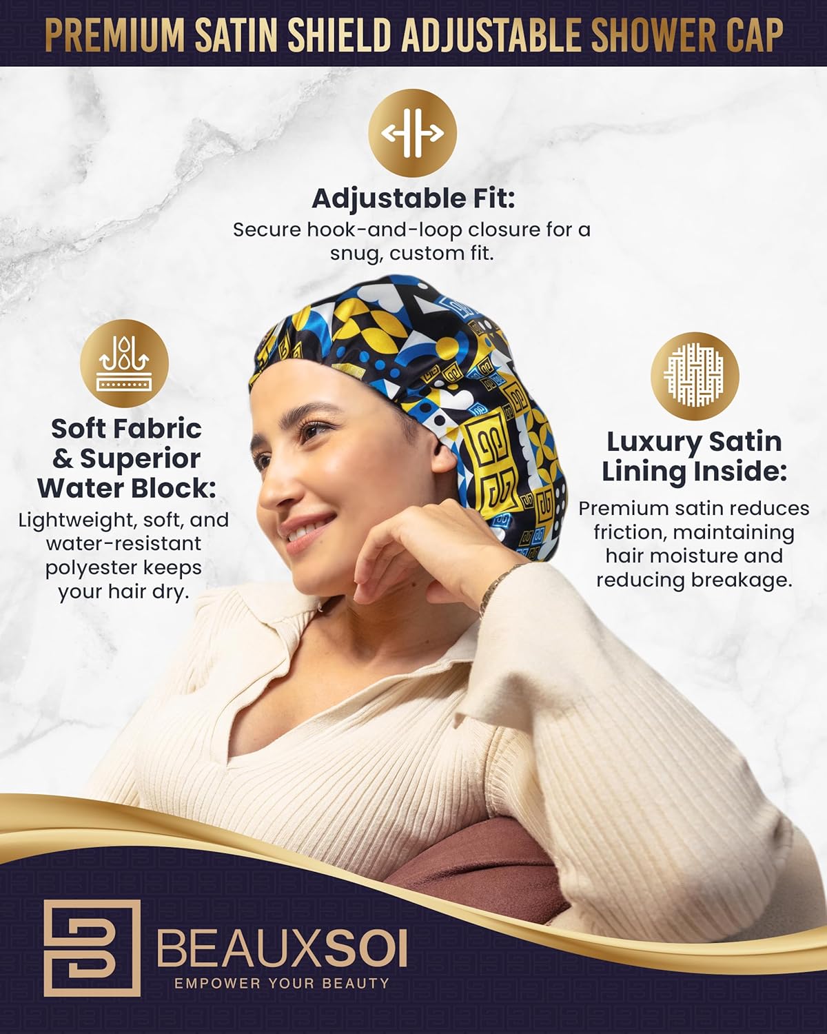 Luxury Reusable Waterproof Shower Cap for Women - Satin Lined, Adjustable - Keeps Hair Dry, Durable Hair Bonnet by BEAUXSOI (African Majesty)