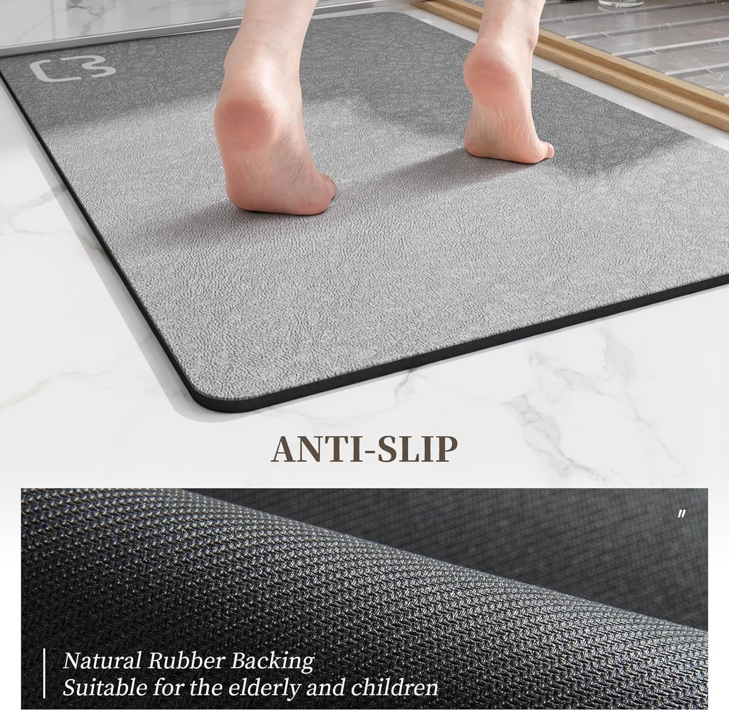 2 Piece Bathroom Mat Rugs Set - Quick Dry Absorbent Diatomaceous Earth Bath Mat Non-Slip Bathroom Floor Mat with Rubber Backing, Thin Bathroom Rugs Fit Under Door, 15.7x23.6+15.7x47.2 Inch, Grey