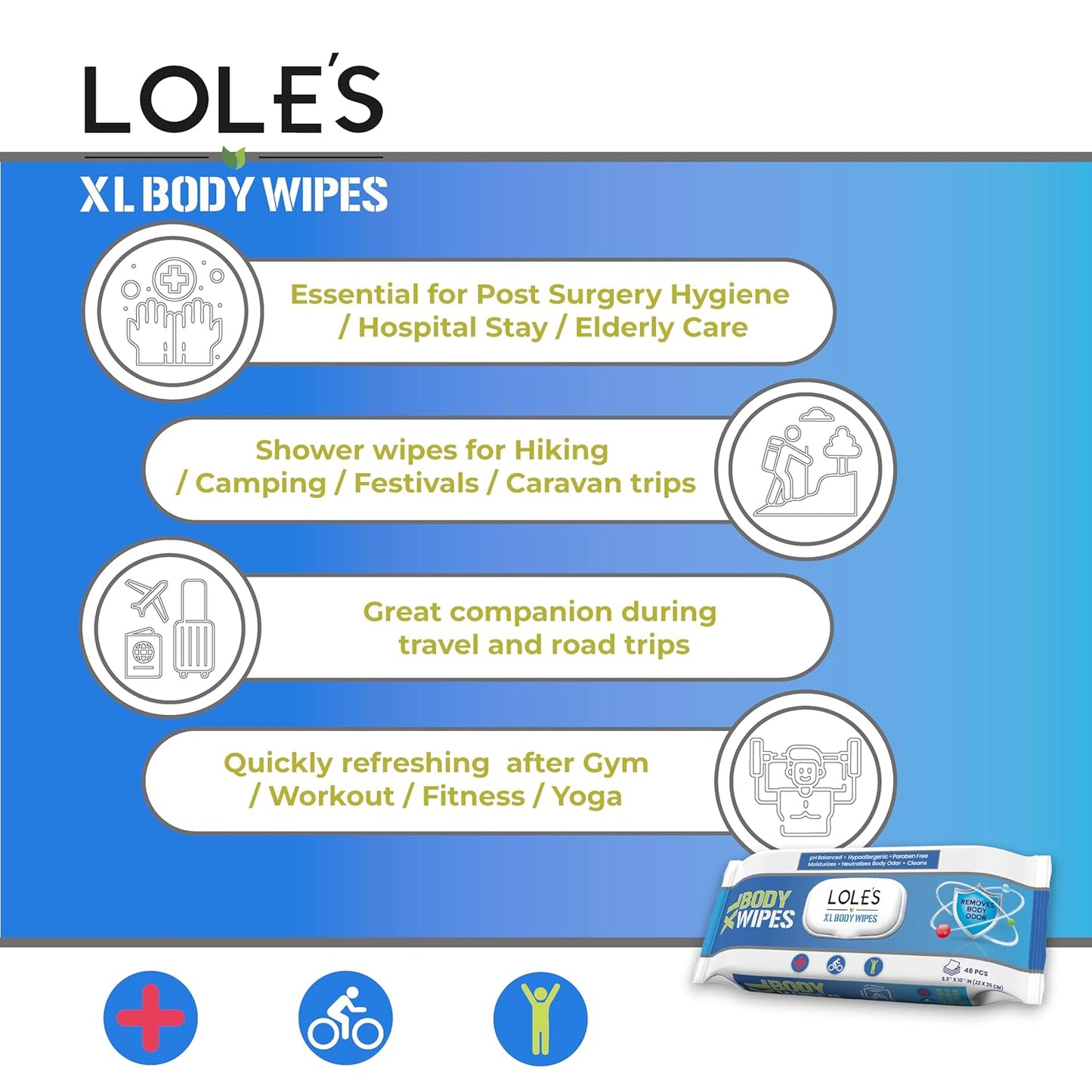 LOLE'S Body Wipes for Adults Bathing No Rinse XL – Bath Wipe for Adult, 48 Count Extra Large, – Shower Wipes – Body Wipe for Camping, Travel, Gym, Elderly Care, Women & Men – Fresh & Moisturizing