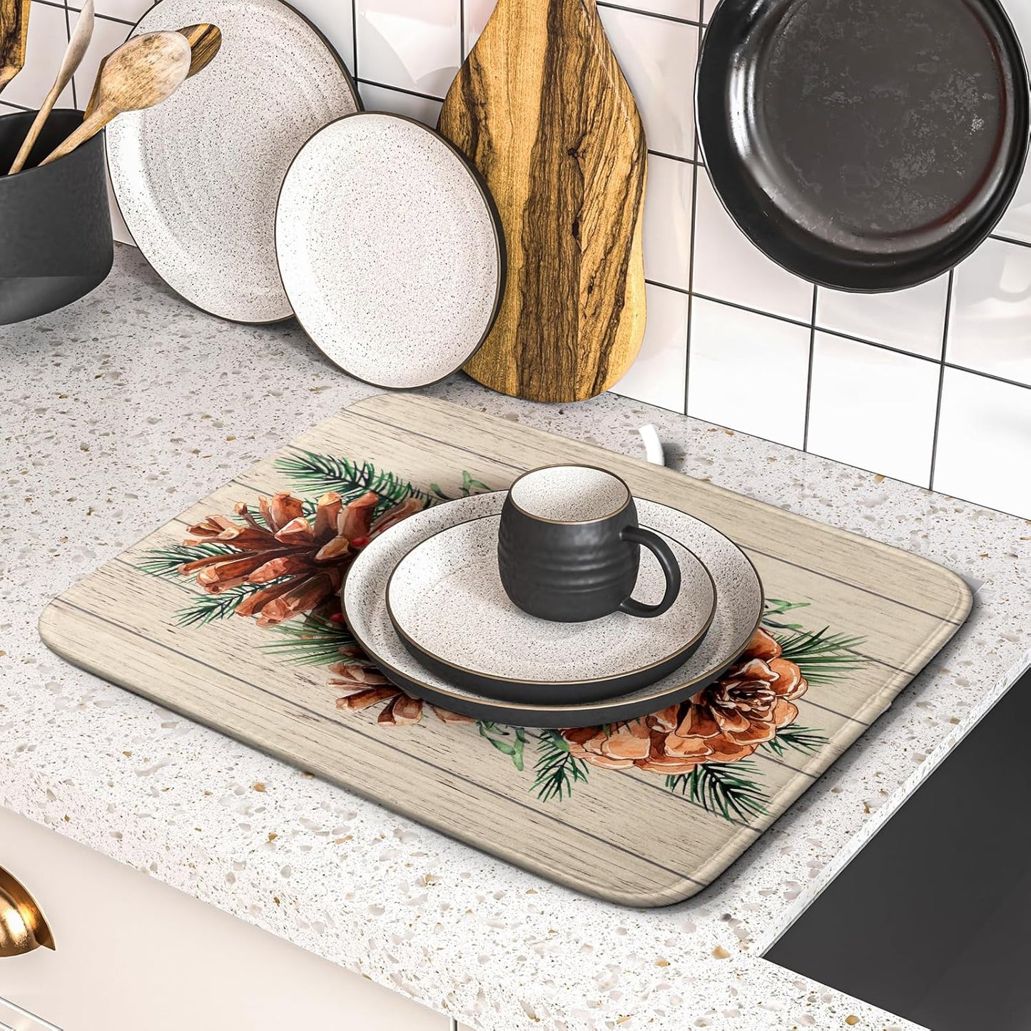 Winter Pine Cone Dish Drying Mat Holly Berries Dish Draining Mat Microfiber Washable Dish Drainer Rack Mat for Home Kitchen Counter 16"x18"