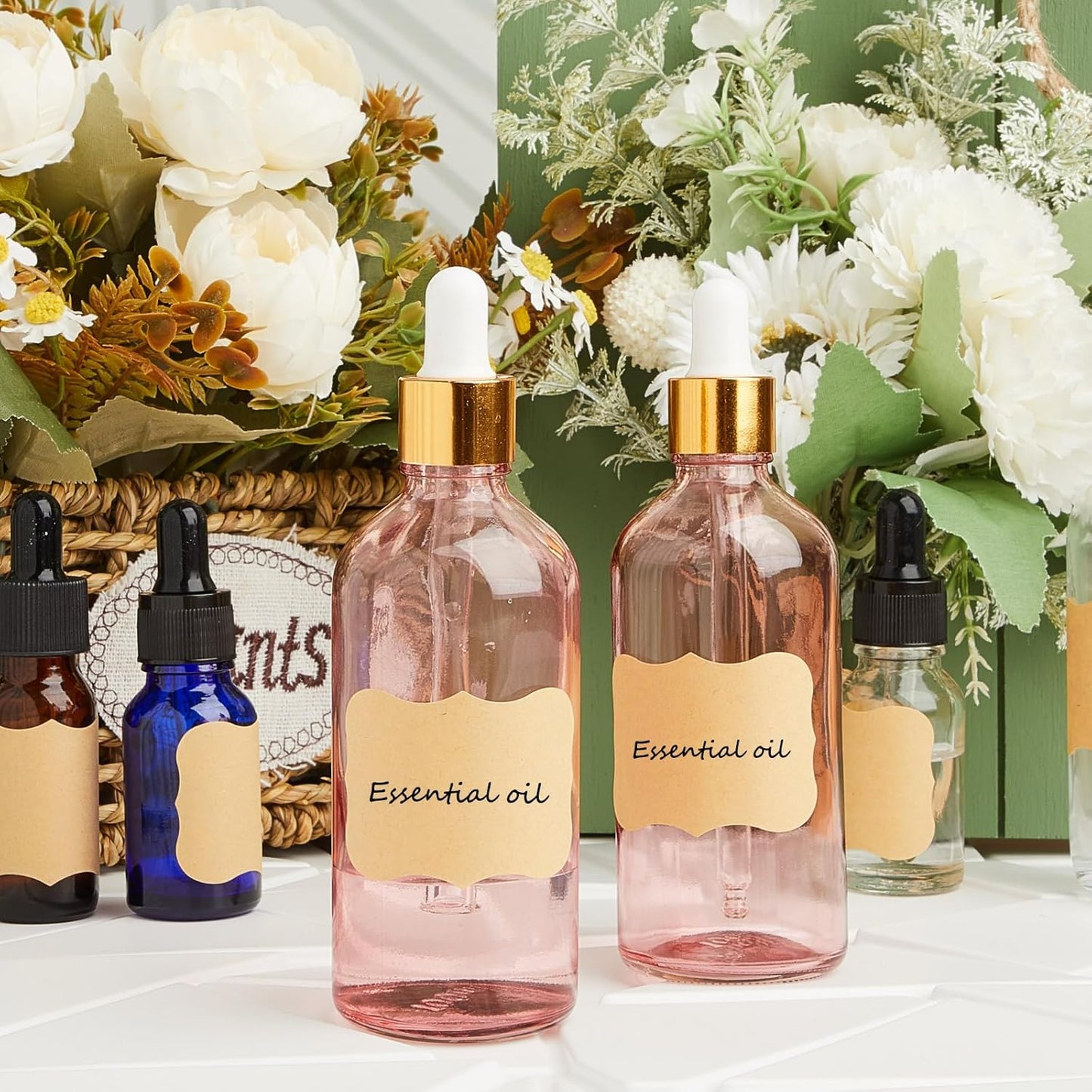 Lallisa 48 Pcs Glass Dropper Bottles with Eye Dropper Dispensers Lab Dropping Bottles with 4 Pcs Long Pipettes 4 Funnel and 80 Label for Travel Cuticle Massage Essential Oils Perfume (Pink,4 oz)