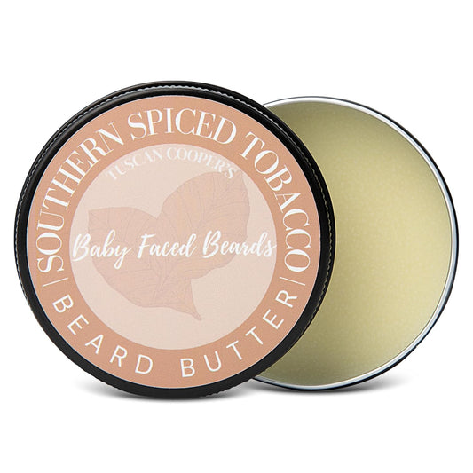 Tuscan Cooper's Baby Faced Beards Butter for Men - Moisturizing Beard Balm Cream and Softener for All Hair Types Including Coarse Hair - 4oz Hydration and Conditioning Care - Southern Spiced Tobacco