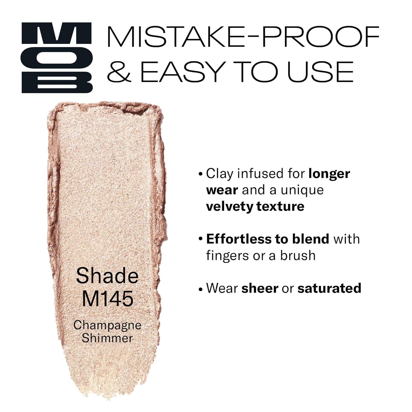MOB Beauty Cream Clay Eyeshadow M145 – Champagne Shimmer | Skincare-Infused, Vegan, Blendable Cream-to-Velvet Finish, Buildable Pigment, Clean Eyeshadow in Sustainable, Biodegradable Compact