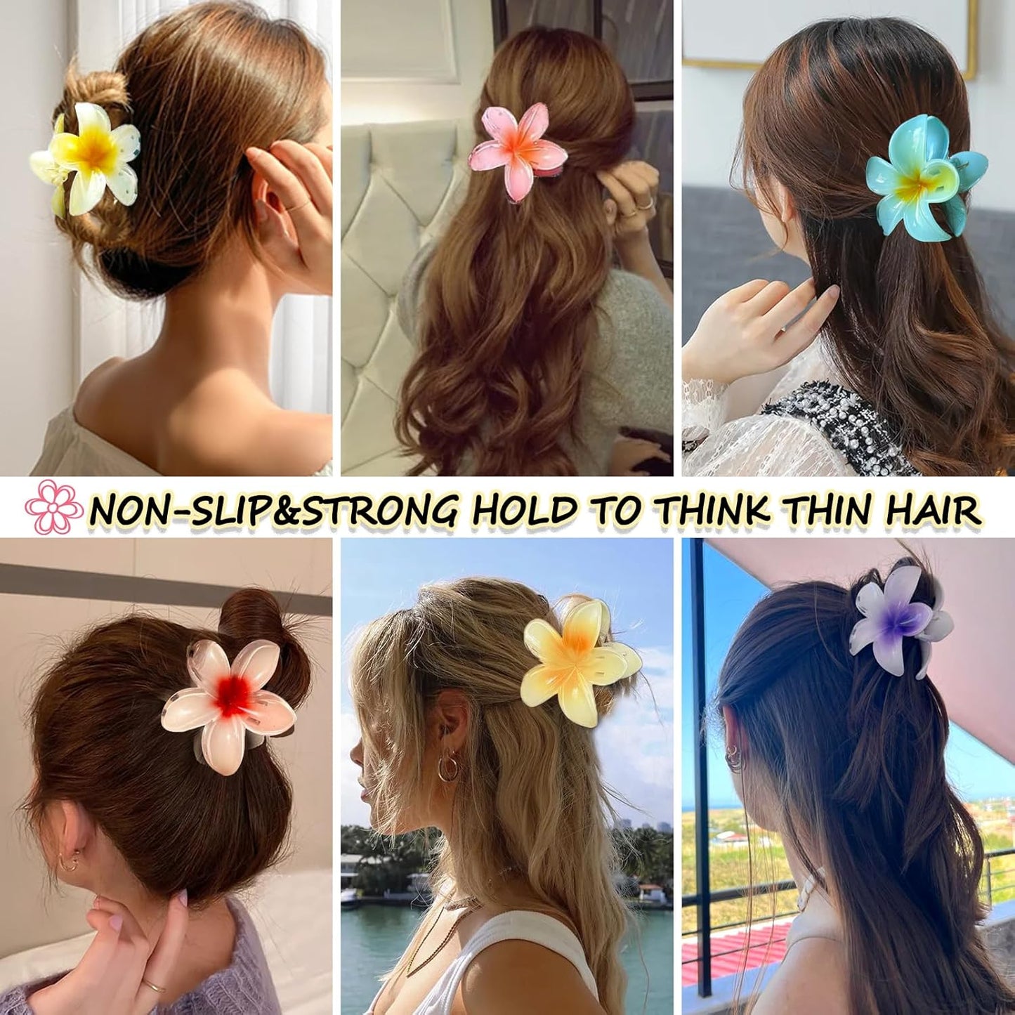 Flower Hair Claw Clips for Women, 6 Pack Hawaiian Flower Hair Clips, Plumeria Claw Clips for Thick Thin Hair, Large Strong Hold Nonslip Hawai Hair Accessories for Women Girls Gifts (Hawaiian-6 Colors)