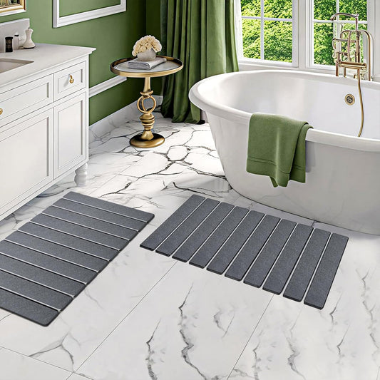 2 Pack Foldable Stone Bath Mats, Gray Super Absorbent Diatomaceous Earth Bath Rug, Non-Slip Shower Mat, Quick-Drying Bath Rug and Drying Mat for Tub and Shower