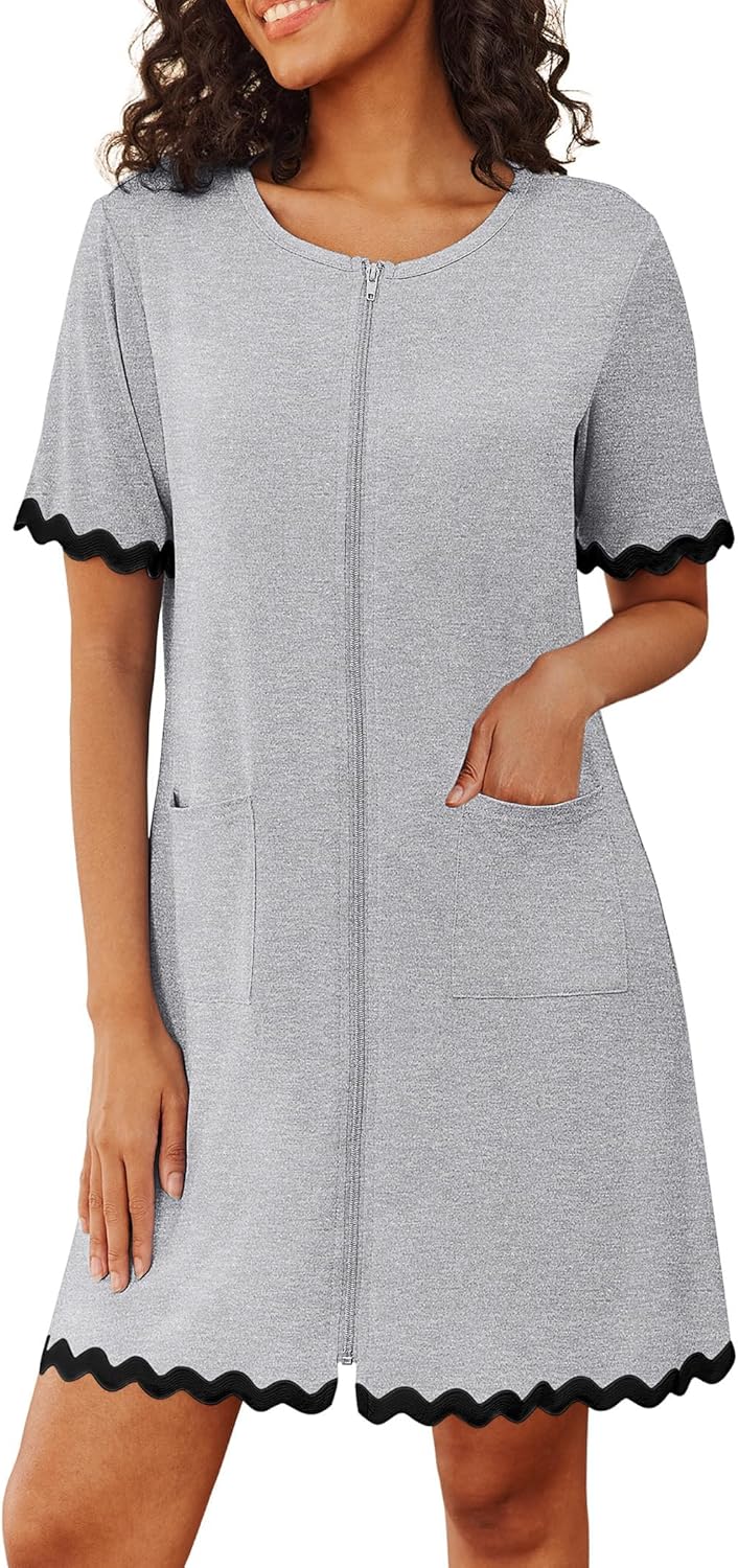 Ekouaer Women Zip Up Robe Lightweight Housecoats with Pockets Knee Length Short Bathrobes Soft Nightgown S-3XL