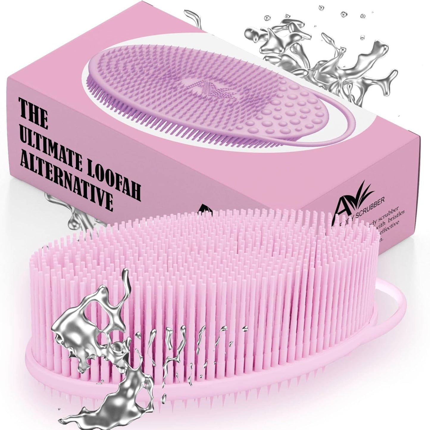 Avilana Silicone Body Scrubber - Food Grade & Lab Tested, Gentle Exfoliating Shower Brush for All Skin Types, Hygienic Quick-Dry Loofah Alternative (Pink, Exfoliate-Silver)