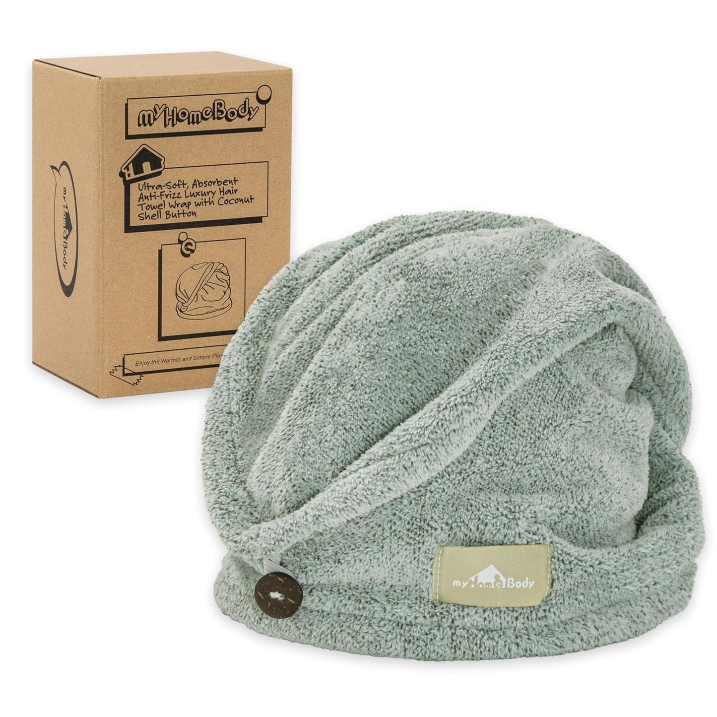 myHomeBody Hair Towel Wrap, Luxury Quick Drying Turban, Ultra Soft Absorbent Charcoal Fiber Cap, with Coconut Shell Button – Pine Green