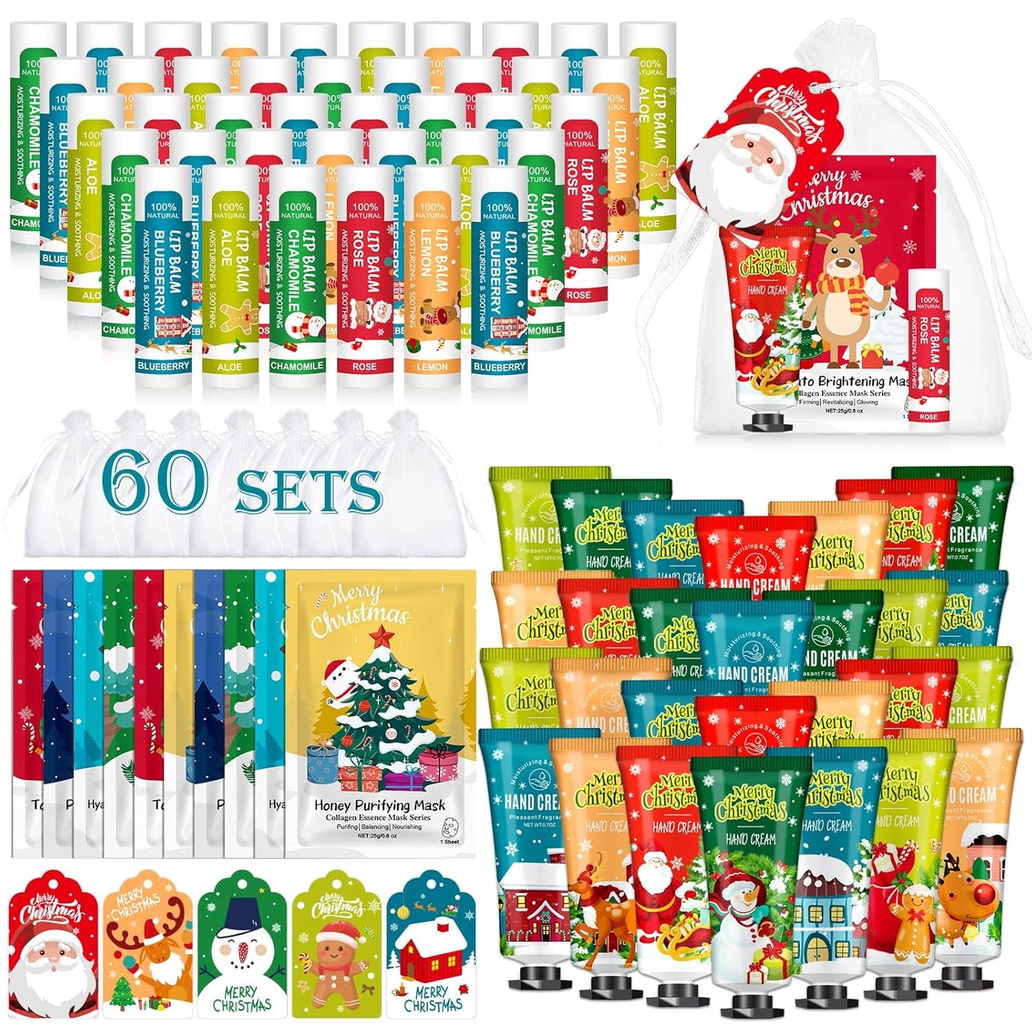 60 Pack Christmas Hand Cream, Facial Mask and Lip Balm Set, Christmas Stocking Stuffers for Women, Bulk Christmas Gifts for Coworkers, Christmas Party Supplies, Party Favors and Christmas Decorations