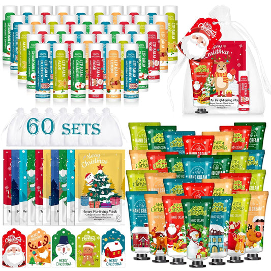60 Pack Christmas Hand Cream, Facial Mask and Lip Balm Set, Christmas Stocking Stuffers for Women, Bulk Christmas Gifts for Coworkers, Christmas Party Supplies, Party Favors and Christmas Decorations