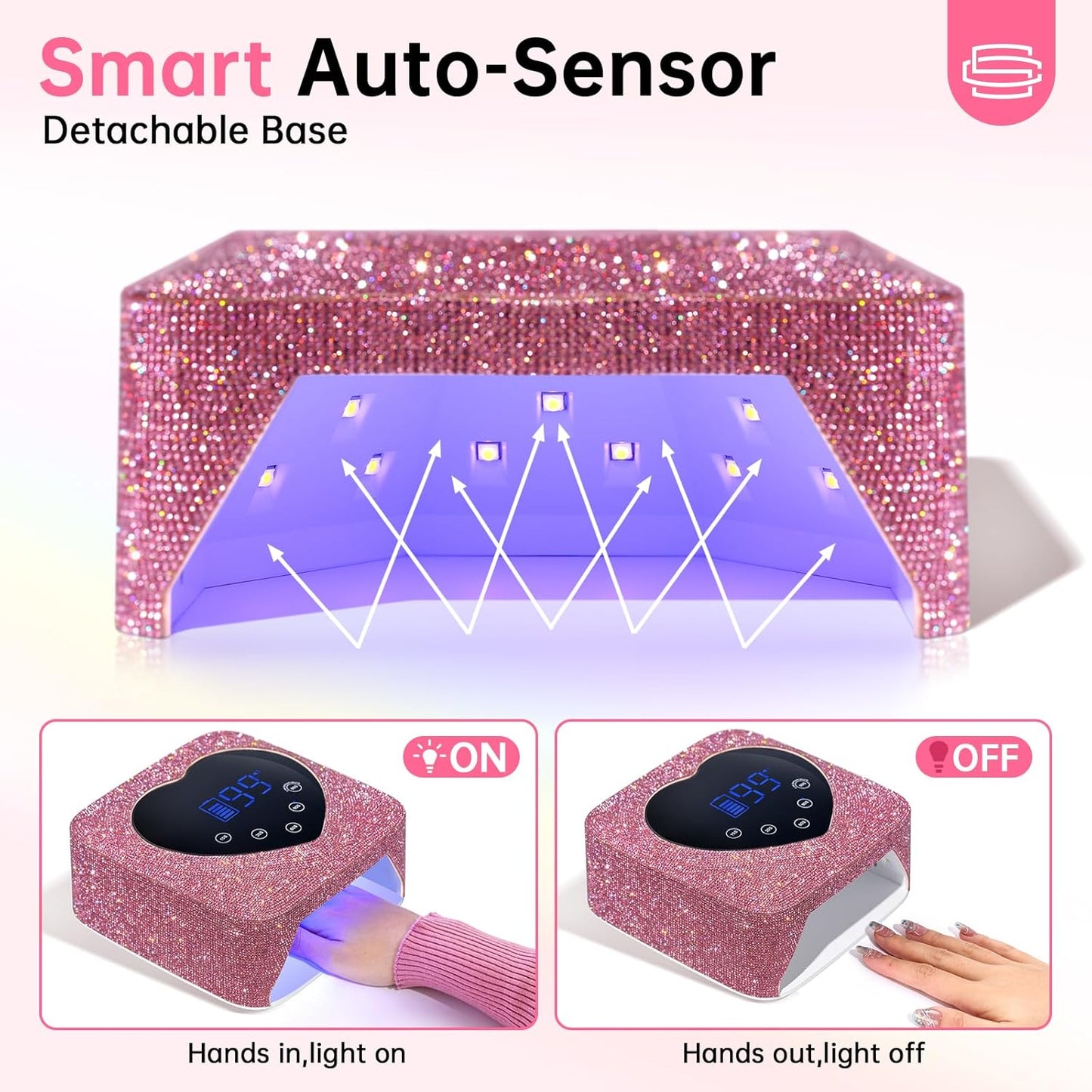 UV LED Nail Lamp 72W Rechargeable Sparkly Wireless Nail Dryer Gel Polish Light with 5 Timer Setting Professional Quick Dry Curing Lamp Pink with Display Auto Sensor for Salon & Home