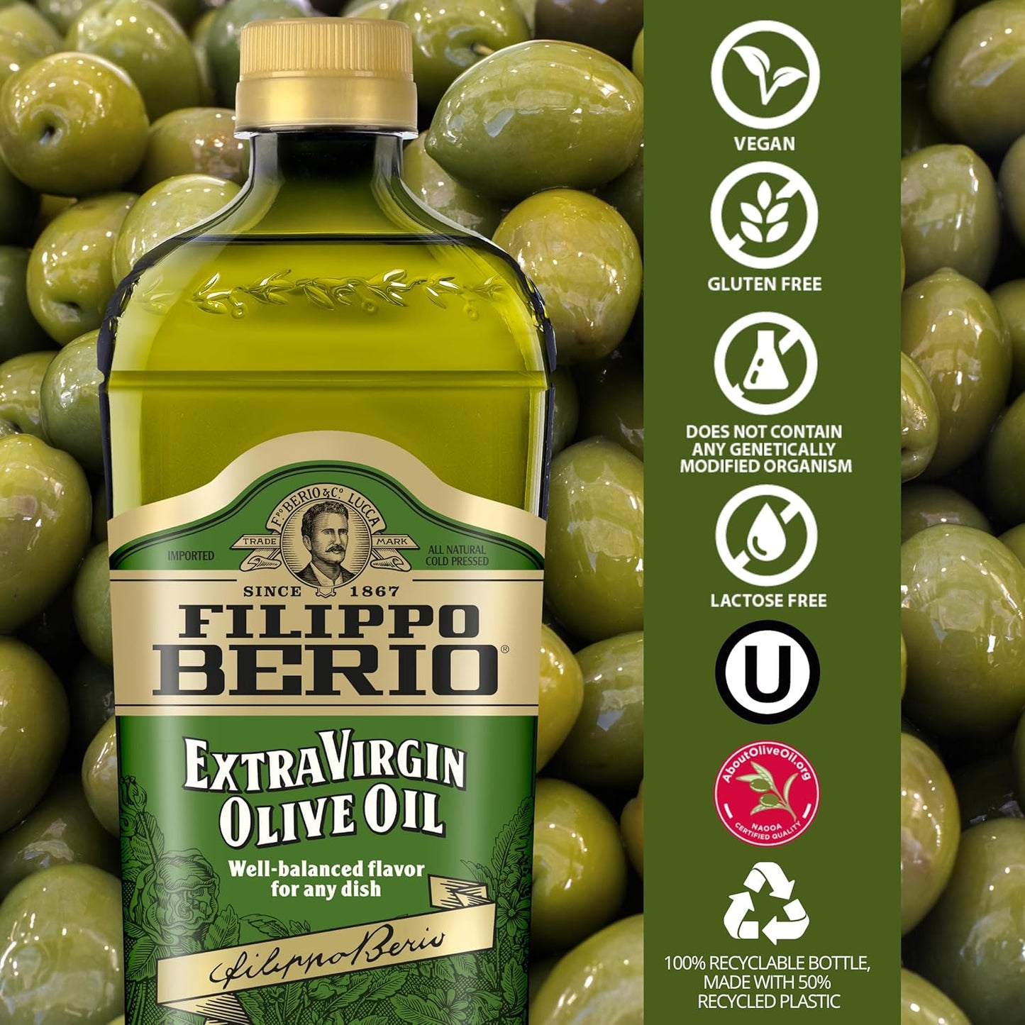 Filippo Berio Cold Pressed Extra Virgin Olive Oil, 50.7 Ounce rPET Bottle