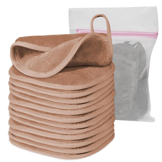 Makeup Remover Cloth, 6" x 6" Make Up Towels Reusable Face Cloth for Washing Face, Makeup Remover Pads Microfiber Face Washcloth with Mesh Bag, Just Water, 12 Pack, Light Brown