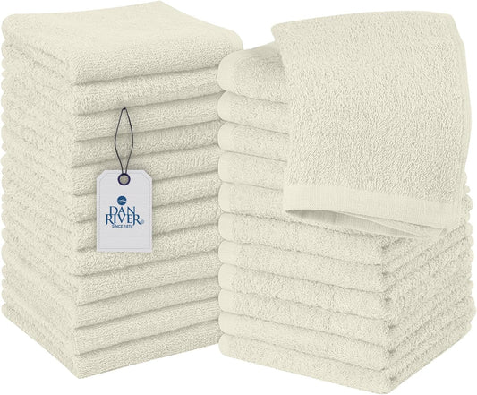 DAN RIVER 100% Cotton Wash Cloths 24 Pack [12x12] Soft & Absorbent face Towels for Bathroom, Gym, Hotels & Spa Perfect for Everyday Use Fingertip Towels, Ivory
