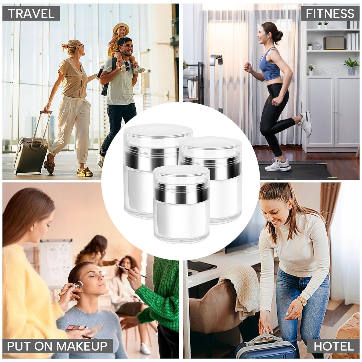 Airless Pump Jars Refillable Cosmetic Moisturizer Pump Botttles Travel Size for Cream, Gels and Lotion with Silicone Spatula (0.5oz+1oz+1.7oz)